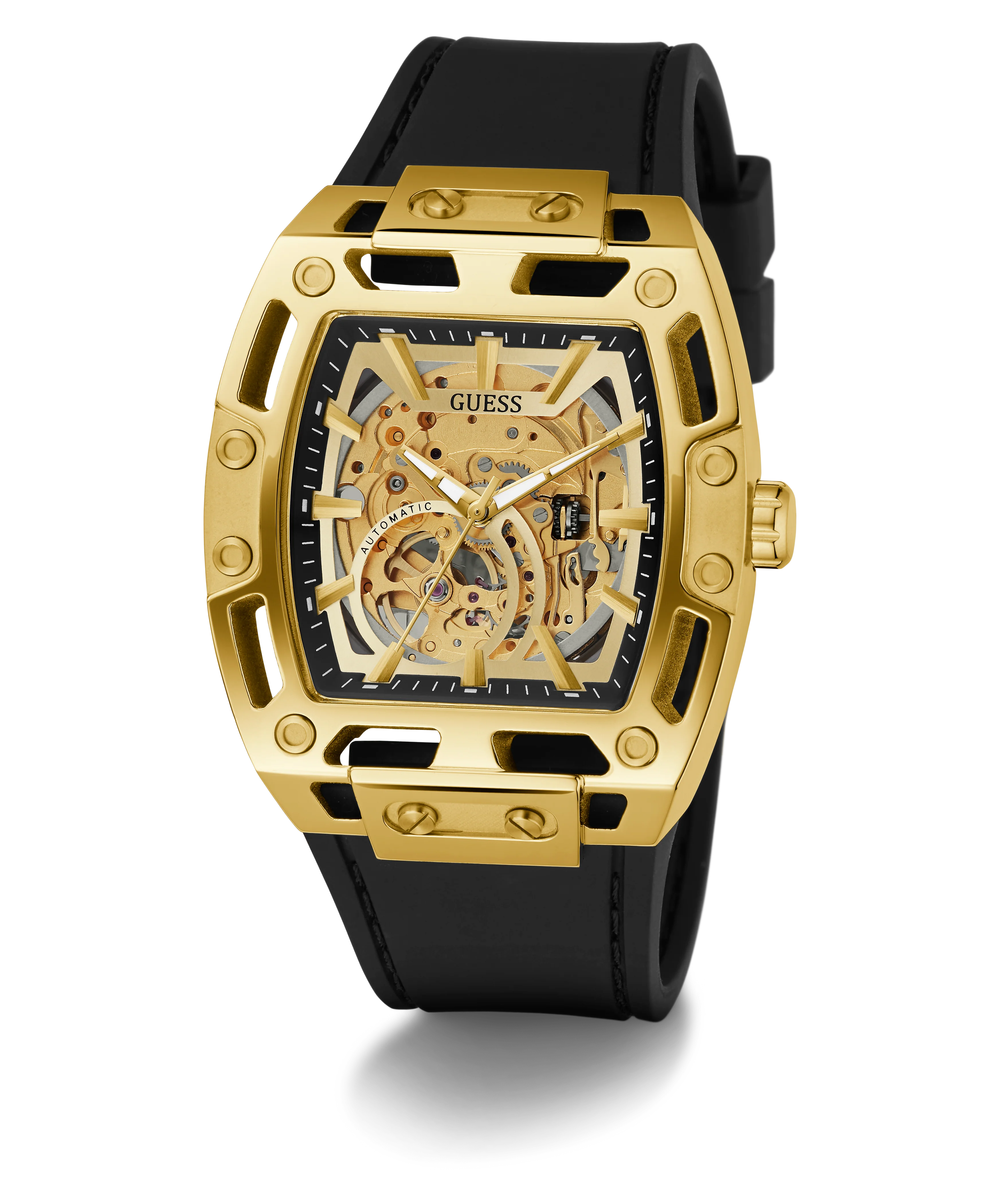 GUESS Mens Black Gold Tone Automatic Watch