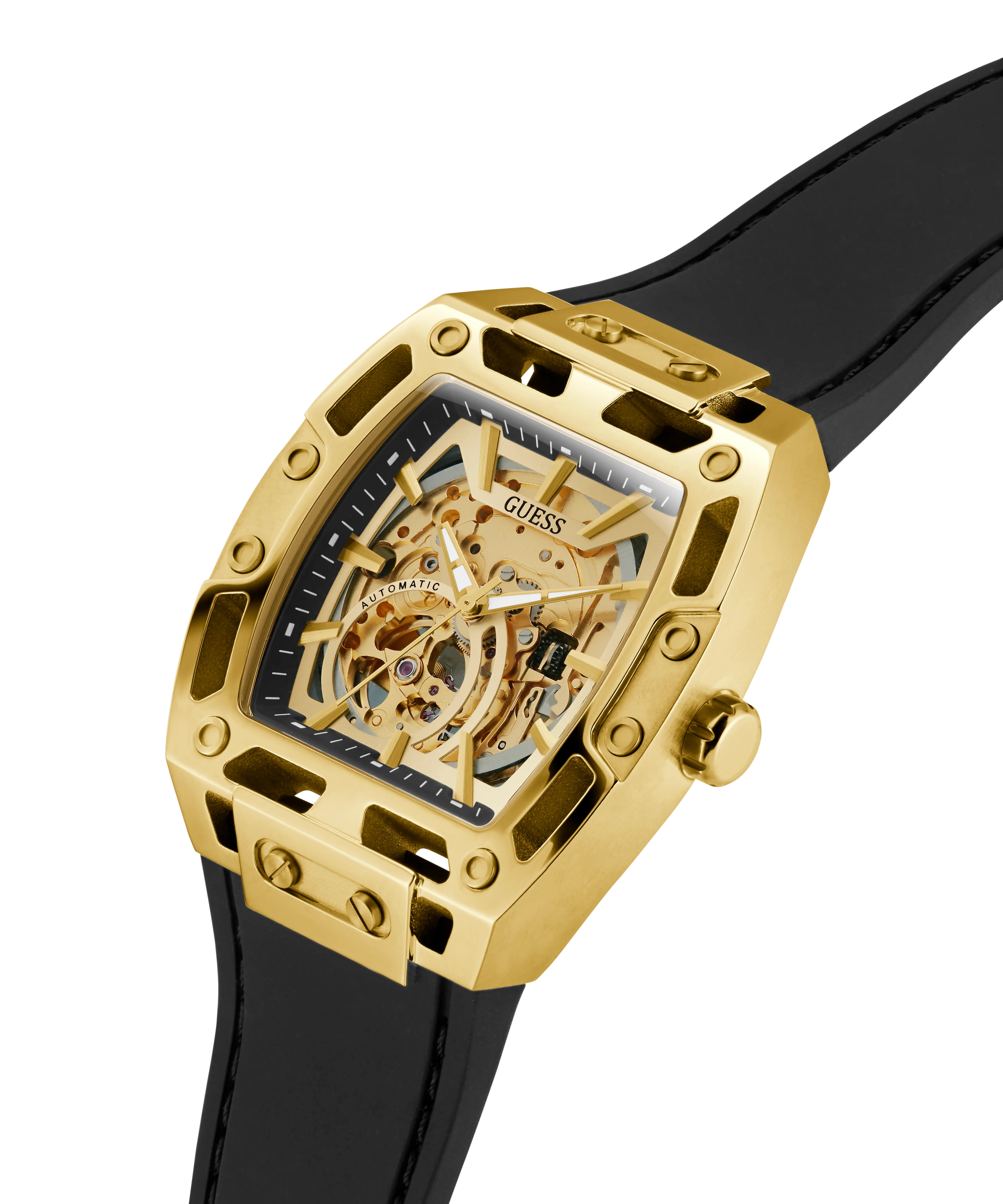 GUESS Mens Black Gold Tone Automatic Watch