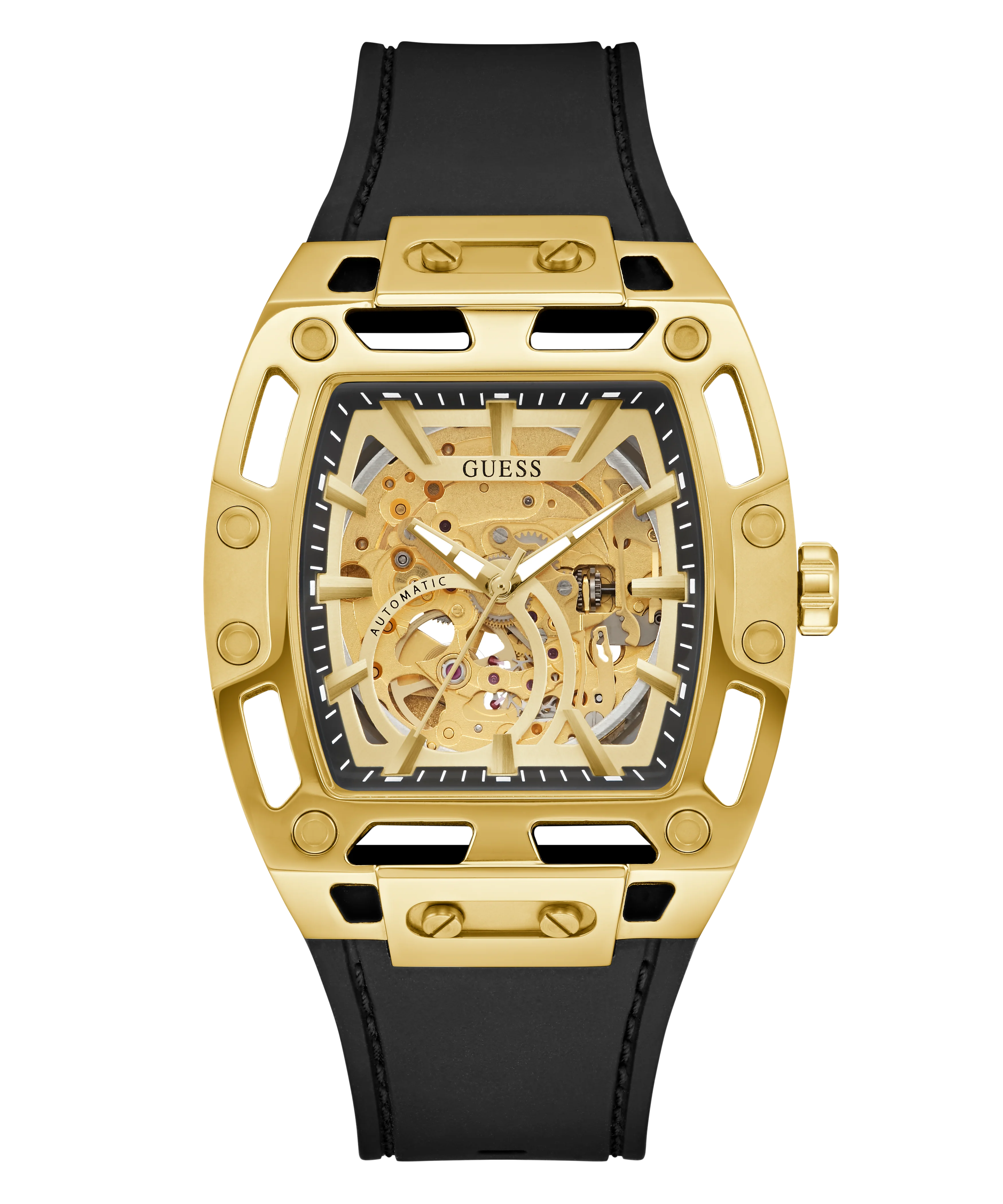 GUESS Mens Black Gold Tone Automatic Watch