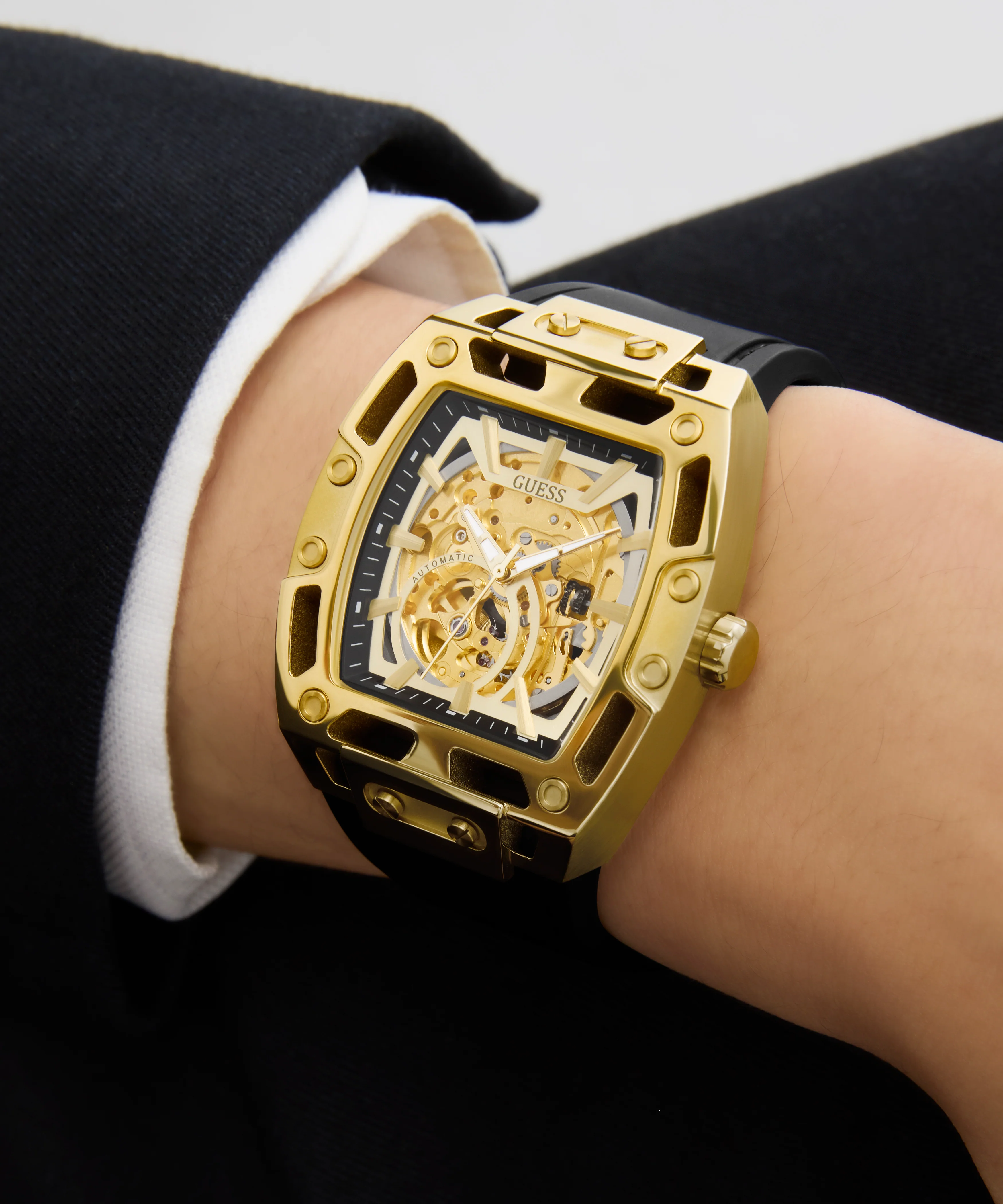 GUESS Mens Black Gold Tone Automatic Watch