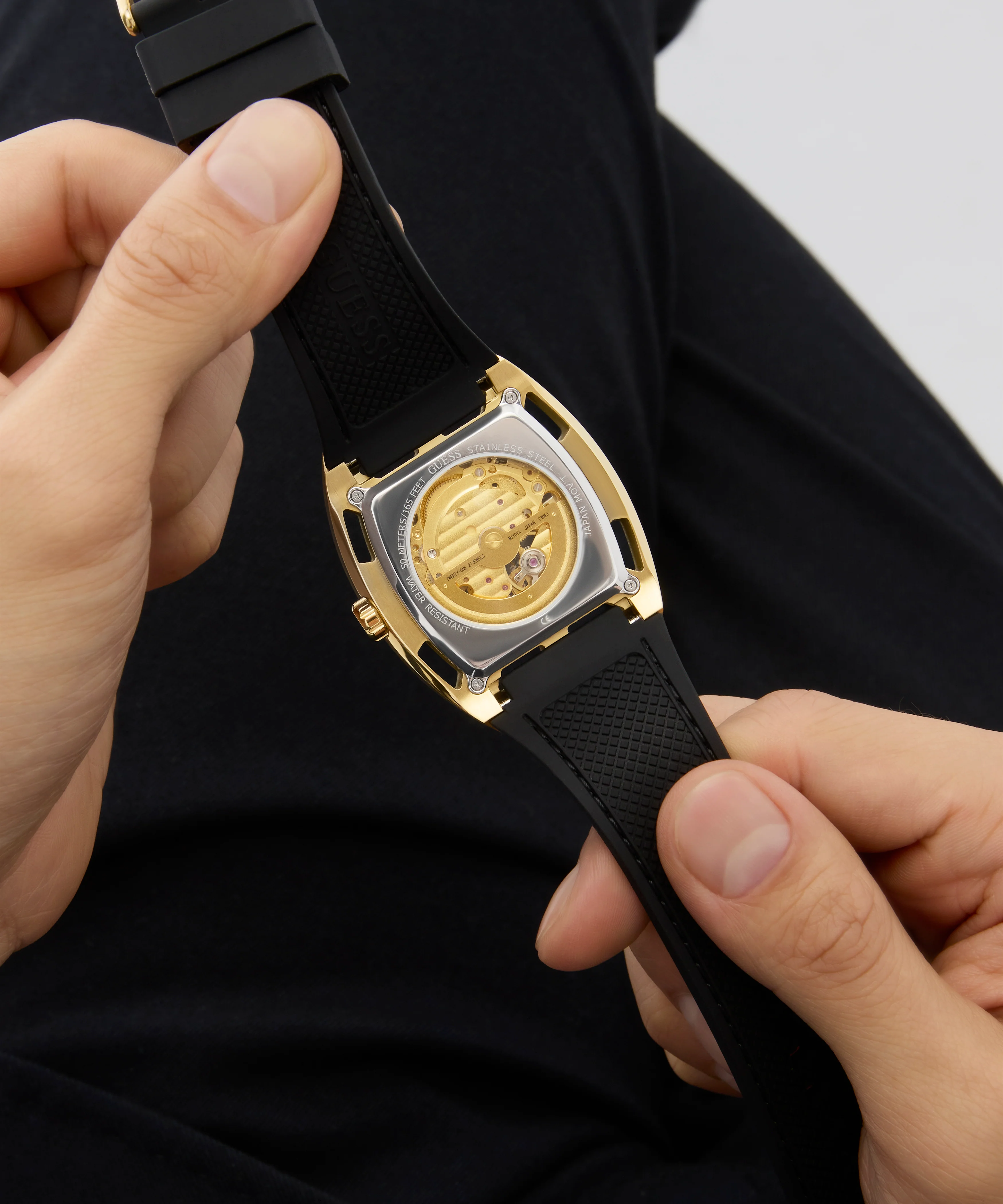GUESS Mens Black Gold Tone Automatic Watch