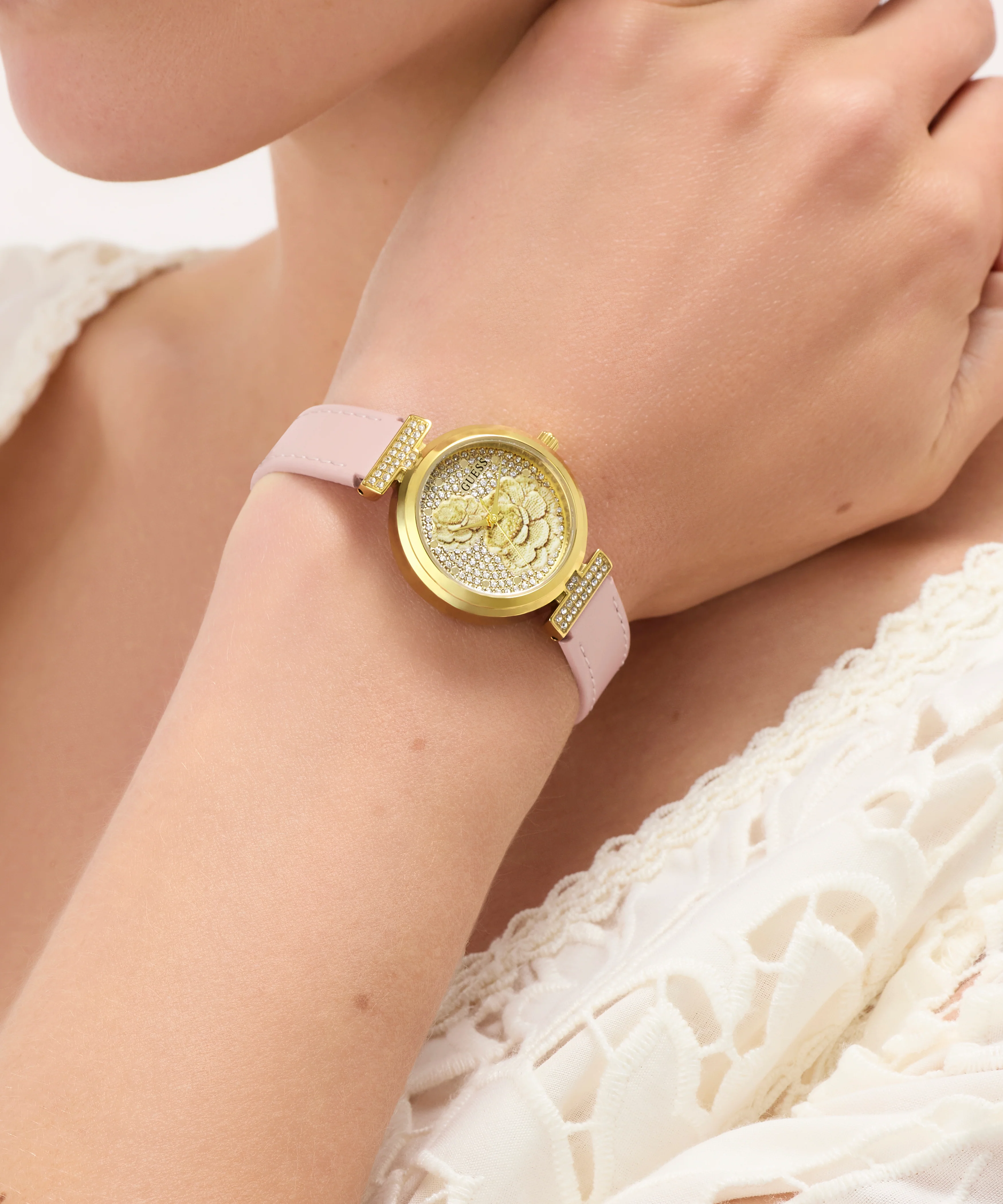 GUESS Ladies Light Pink Gold Tone Analog Watch