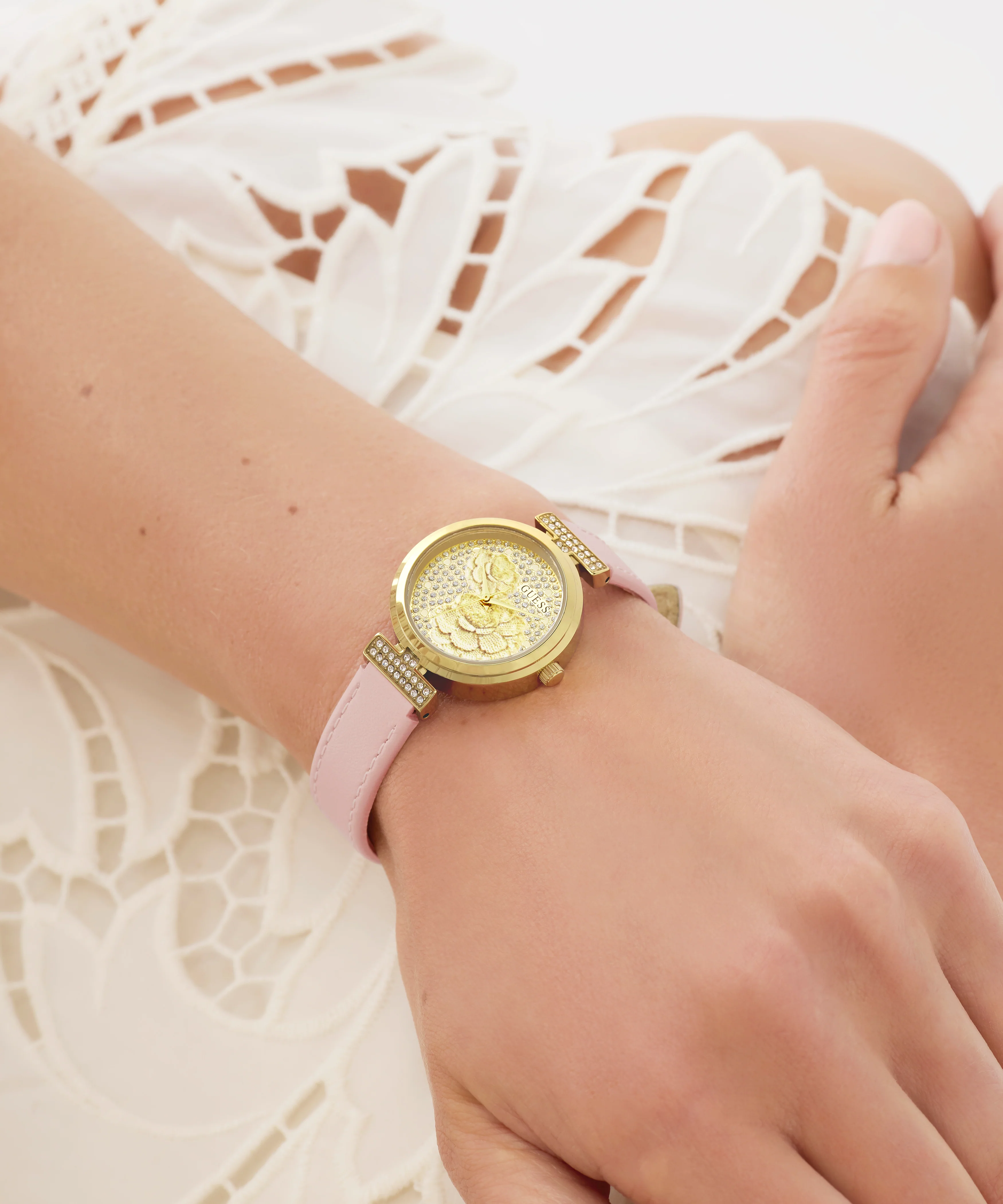 GUESS Ladies Light Pink Gold Tone Analog Watch
