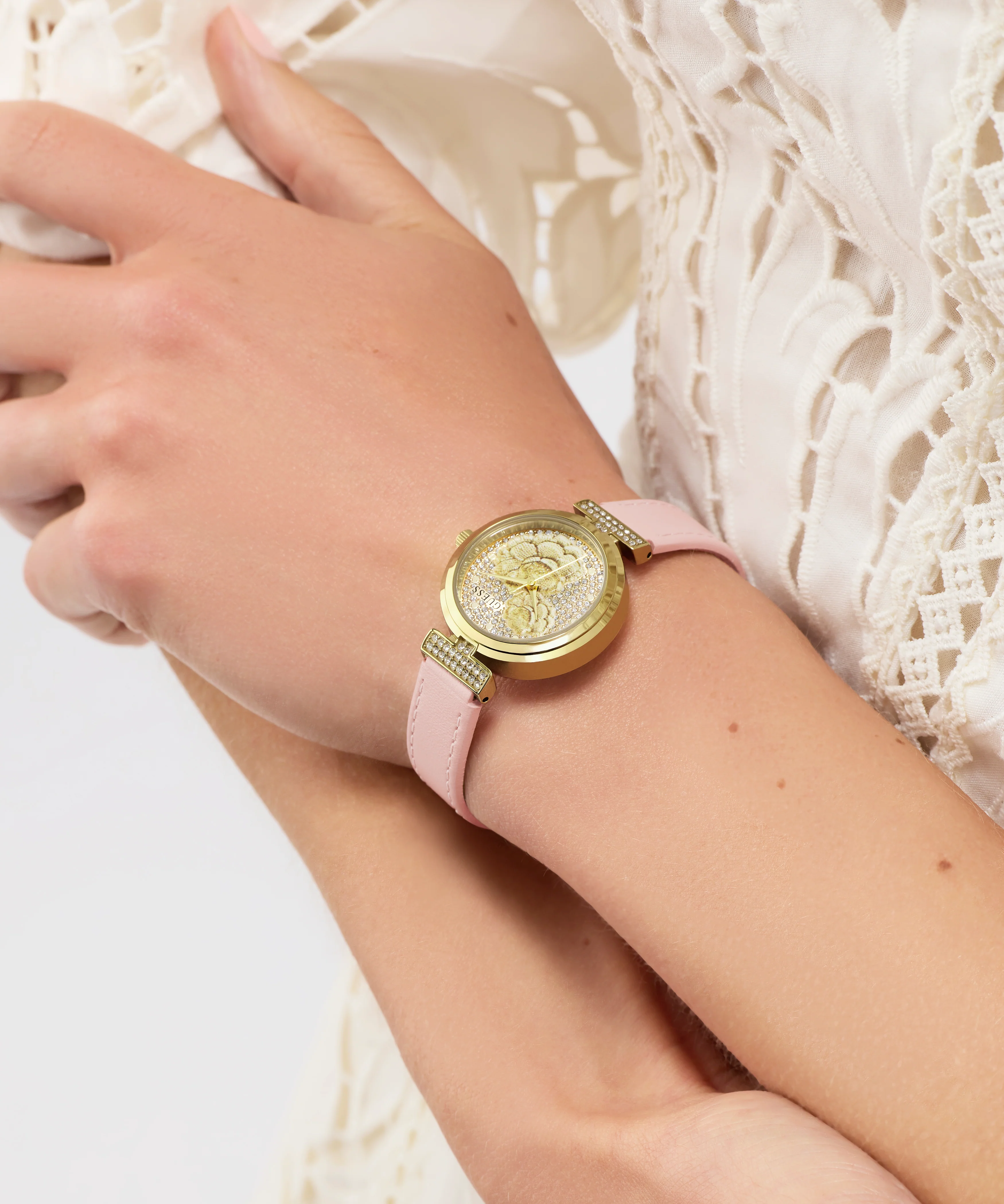 GUESS Ladies Light Pink Gold Tone Analog Watch