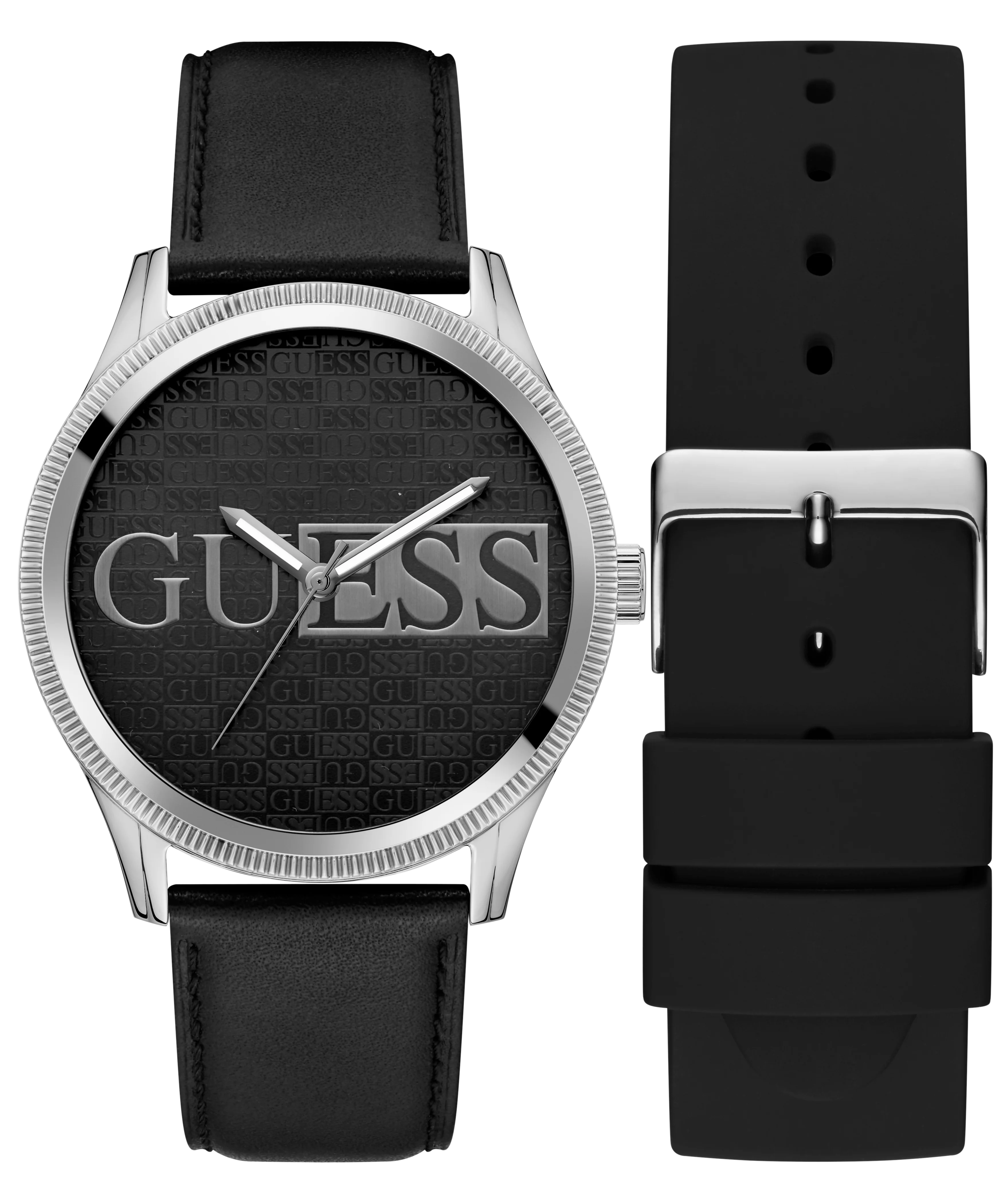 GUESS Mens Black Silver Tone Analog Watch Gift Set