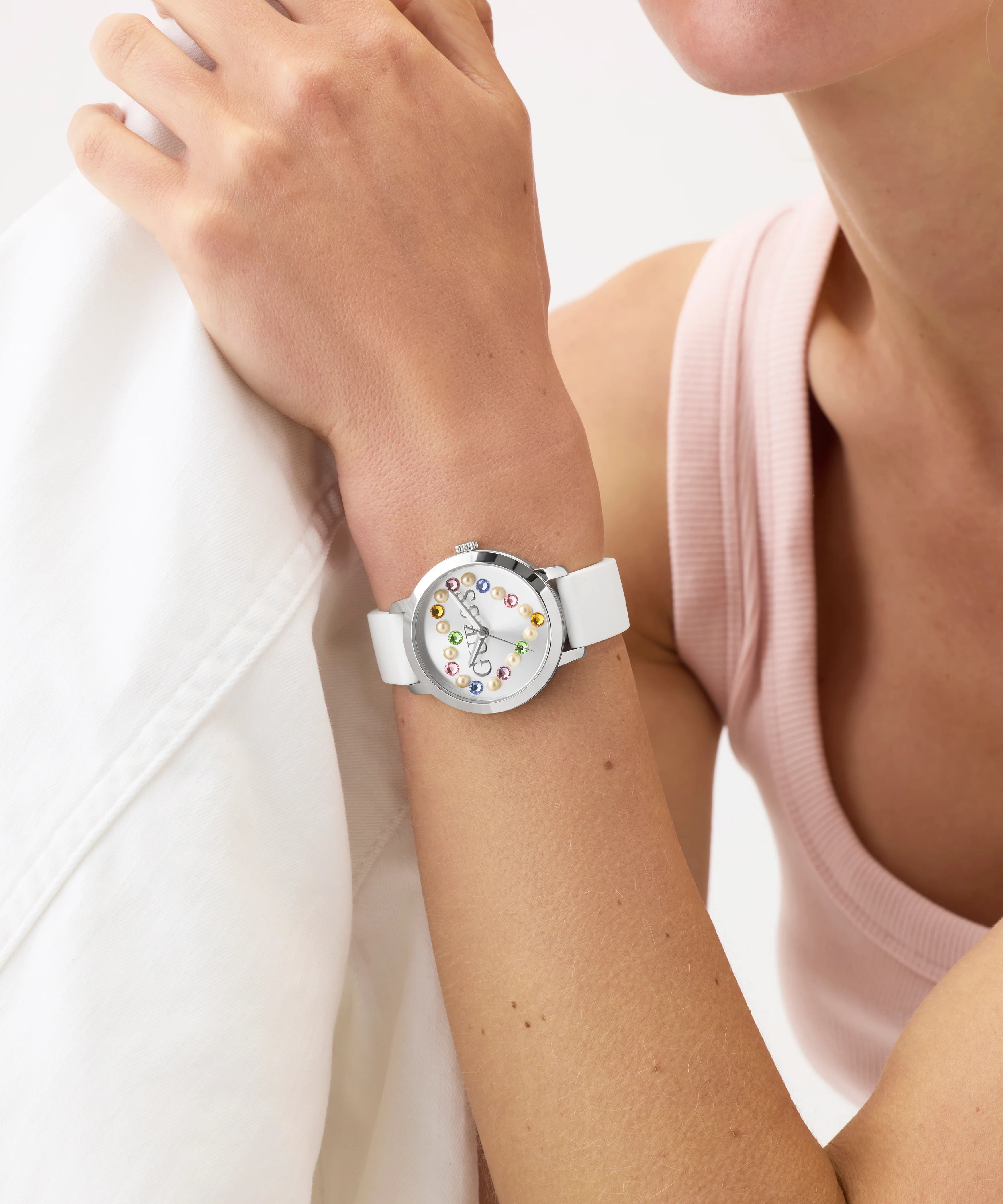 GUESS Ladies White Silver Tone Analog Watch