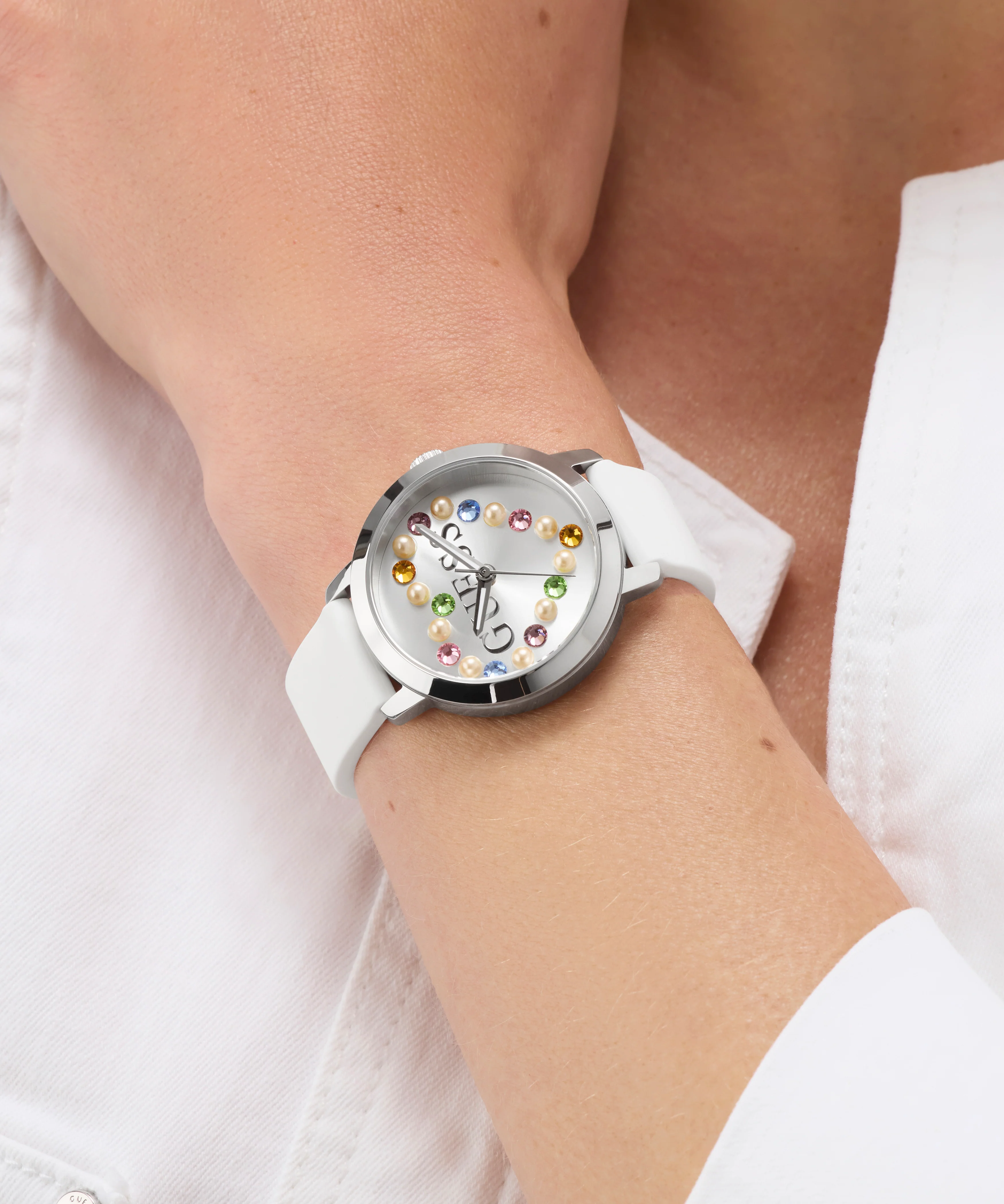 GUESS Ladies White Silver Tone Analog Watch
