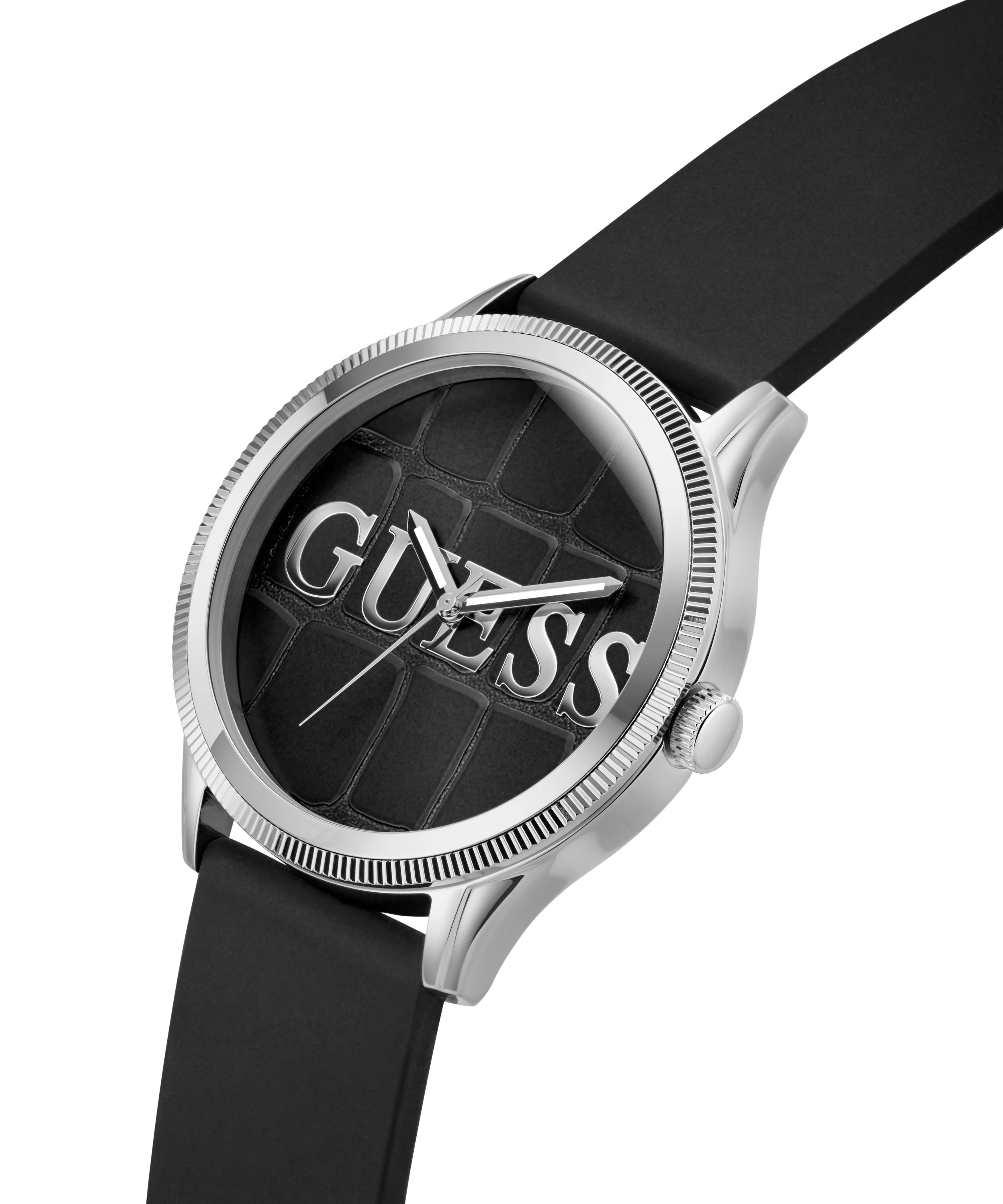 GUESS Mens Black Silver Tone Analog Watch