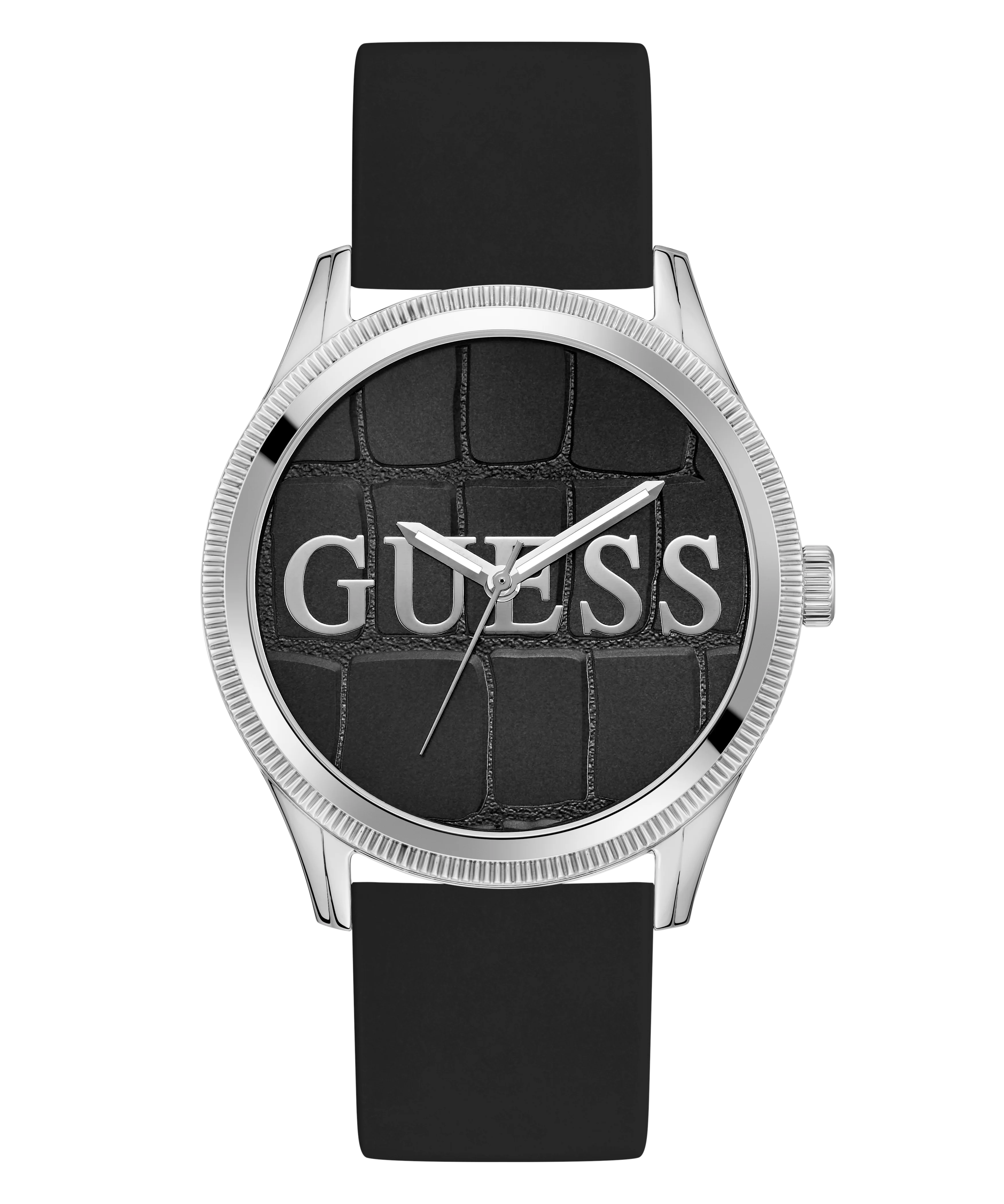 GUESS Mens Black Silver Tone Analog Watch
