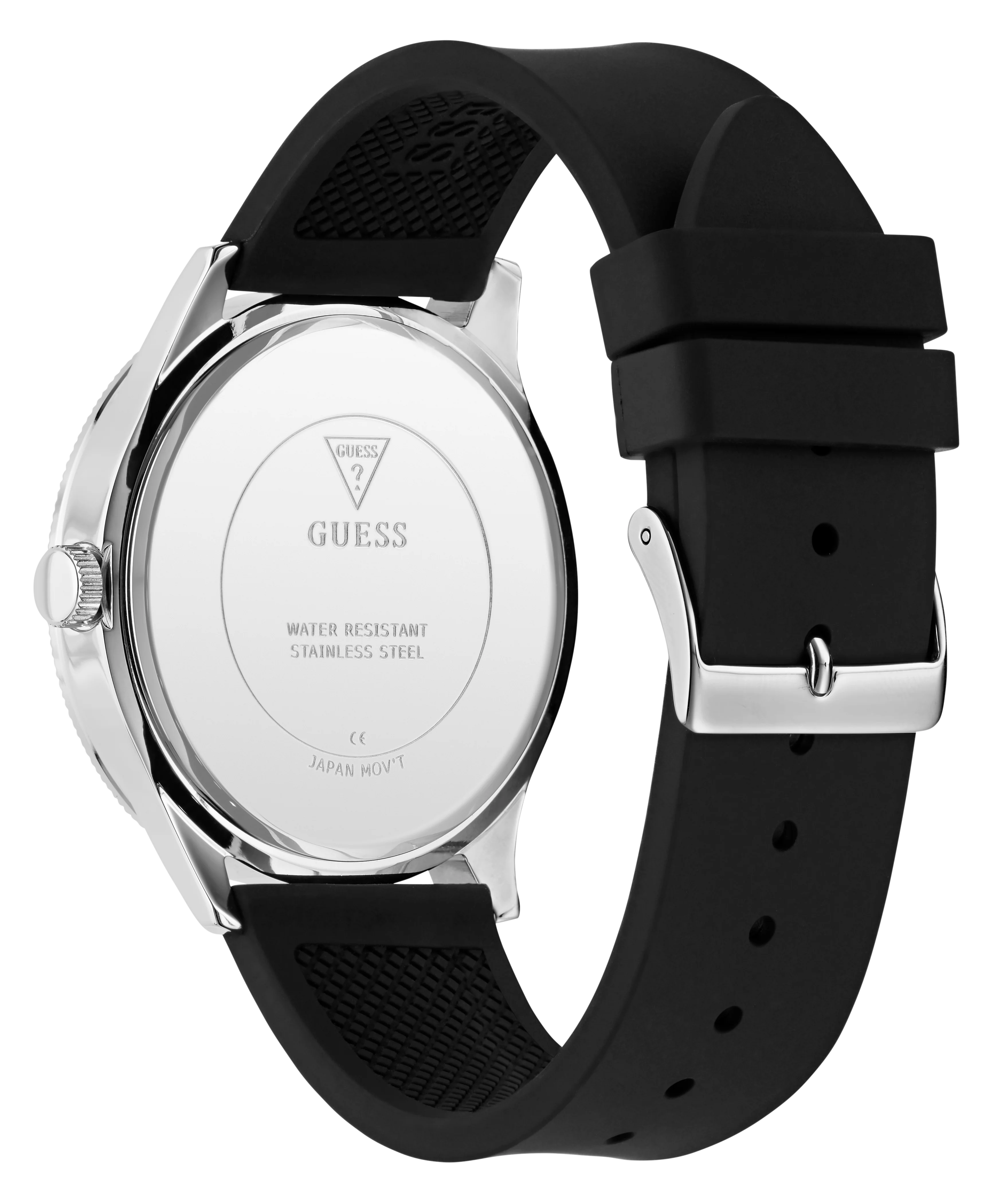 GUESS Mens Black Silver Tone Analog Watch