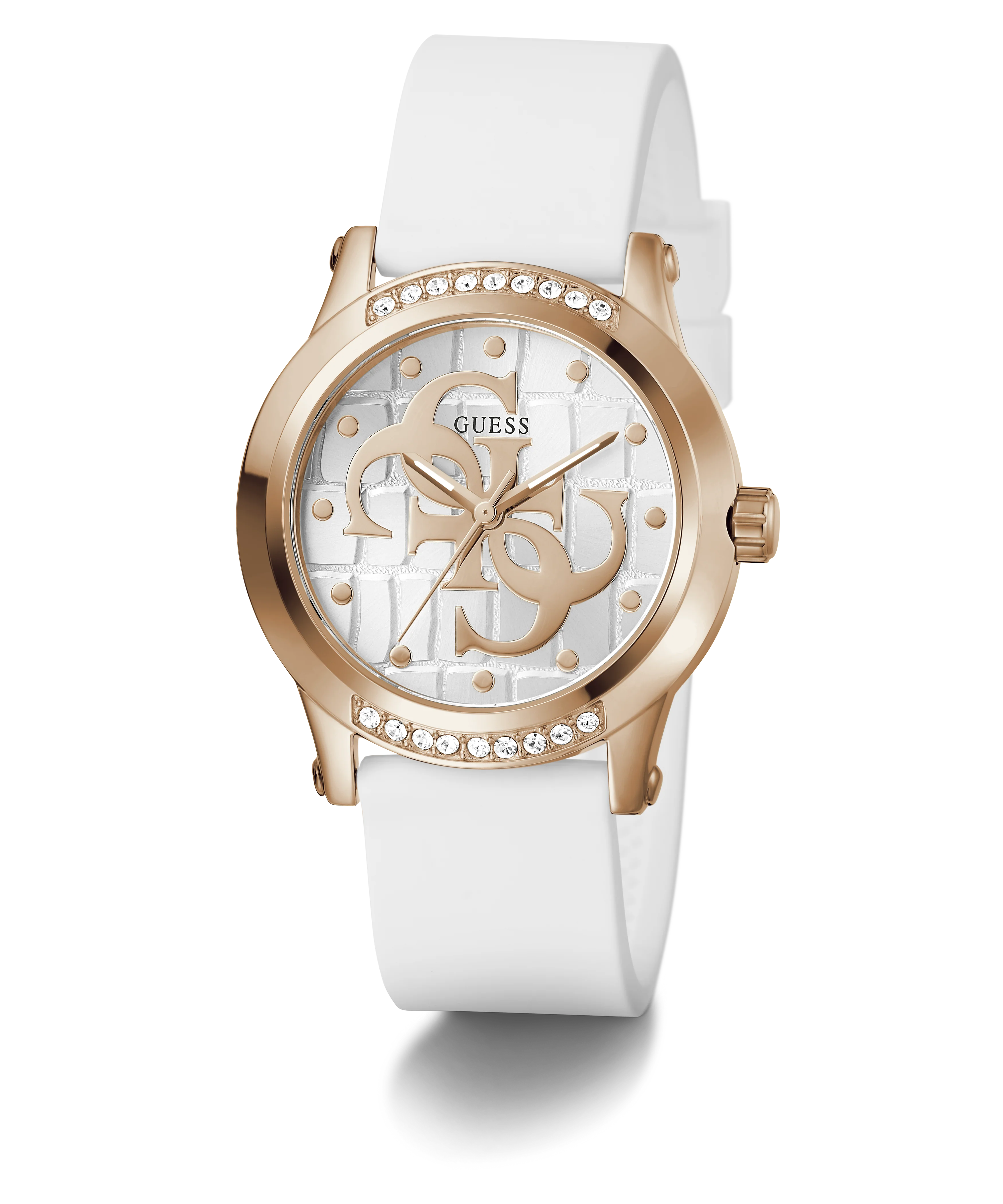 GUESS Ladies White Rose Gold Tone Analog Watch