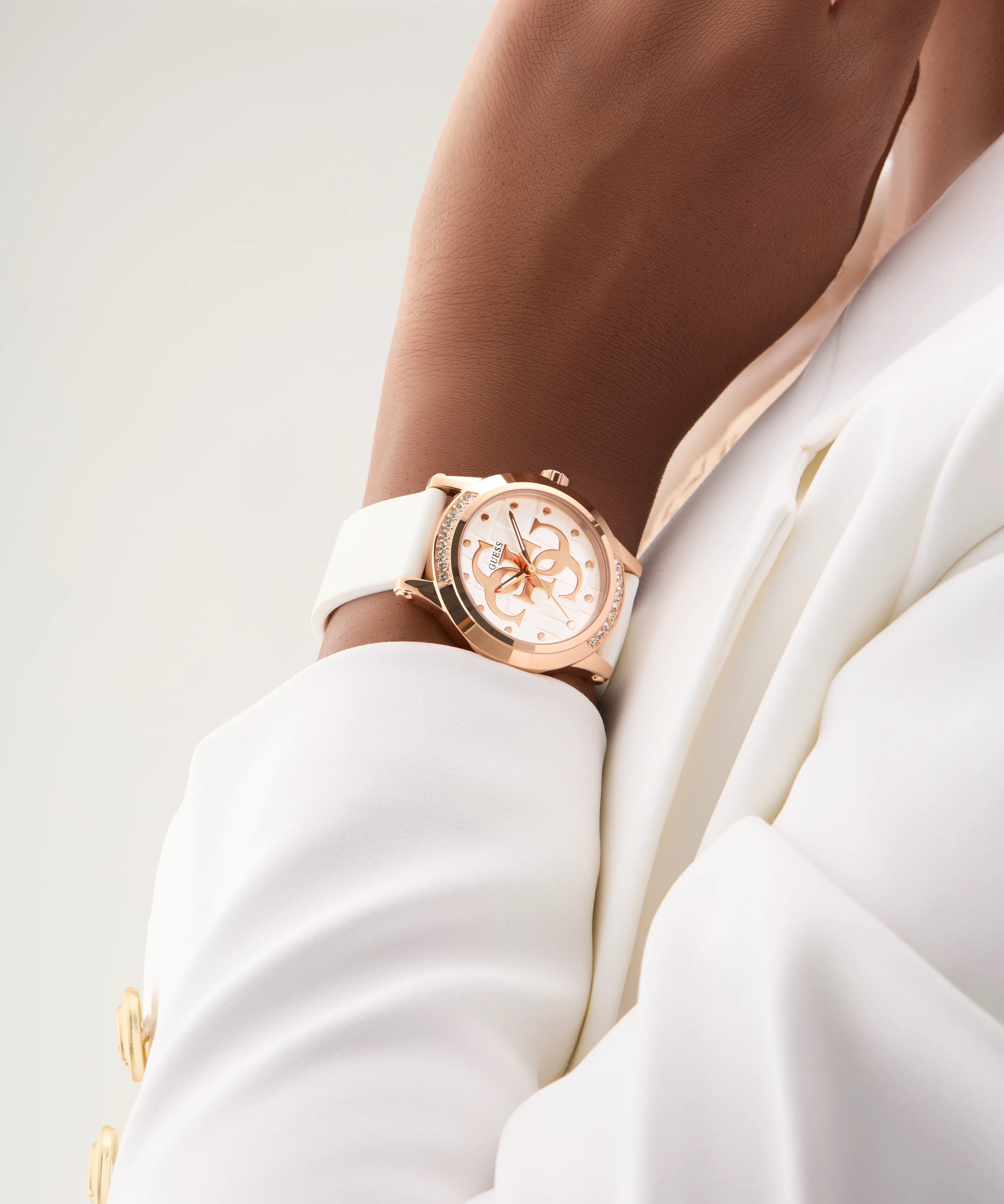 GUESS Ladies White Rose Gold Tone Analog Watch