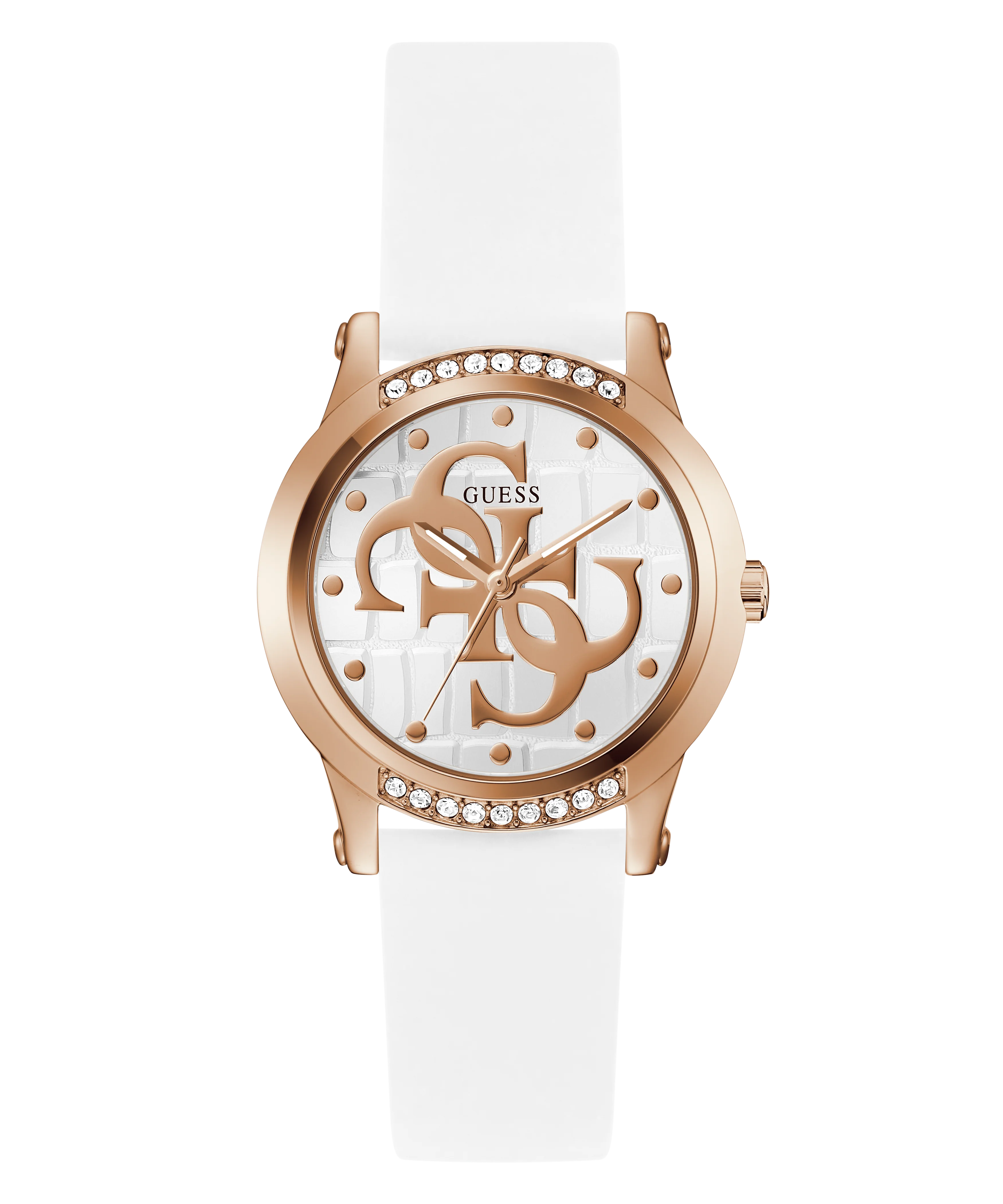 GUESS Ladies White Rose Gold Tone Analog Watch
