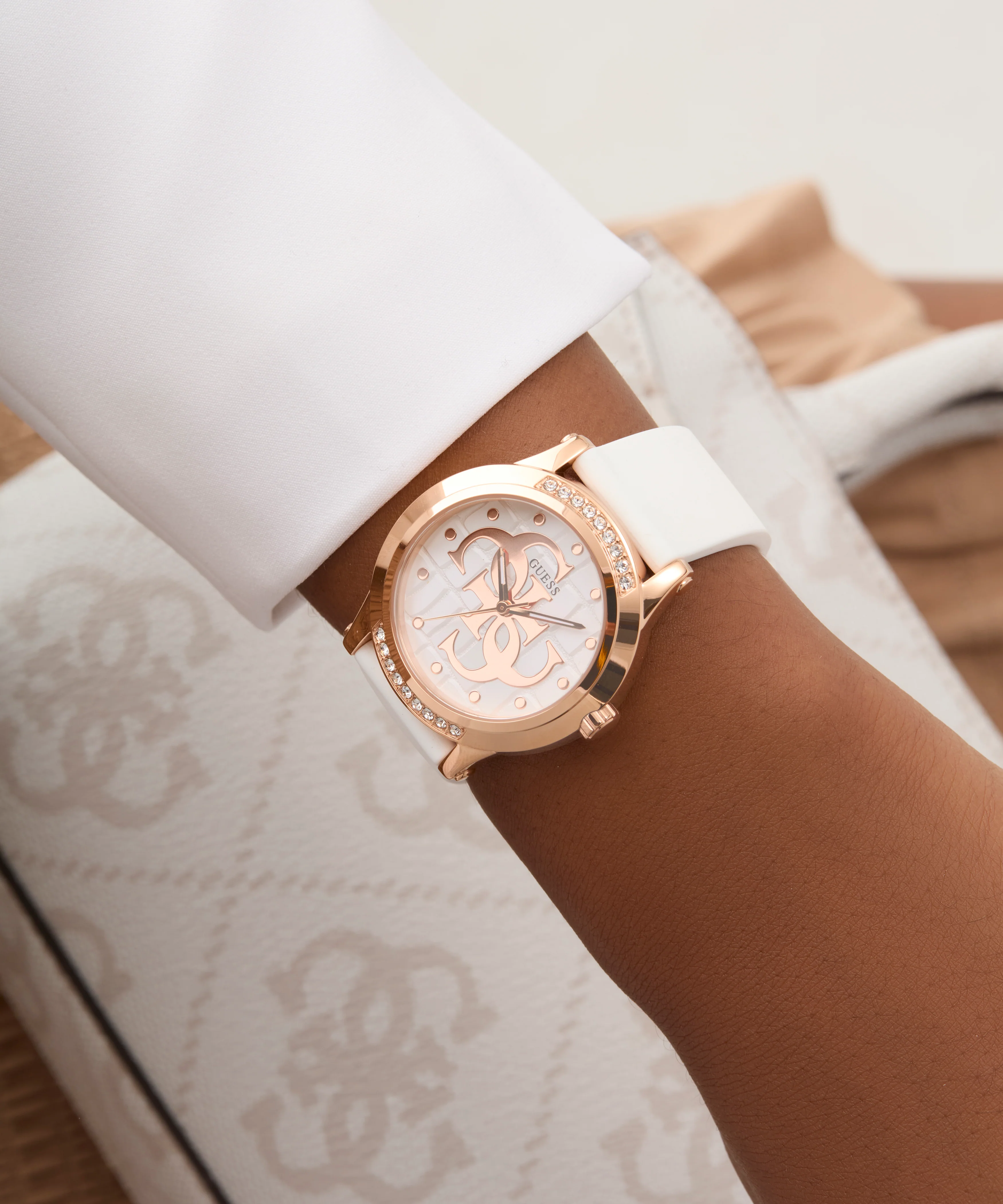 GUESS Ladies White Rose Gold Tone Analog Watch