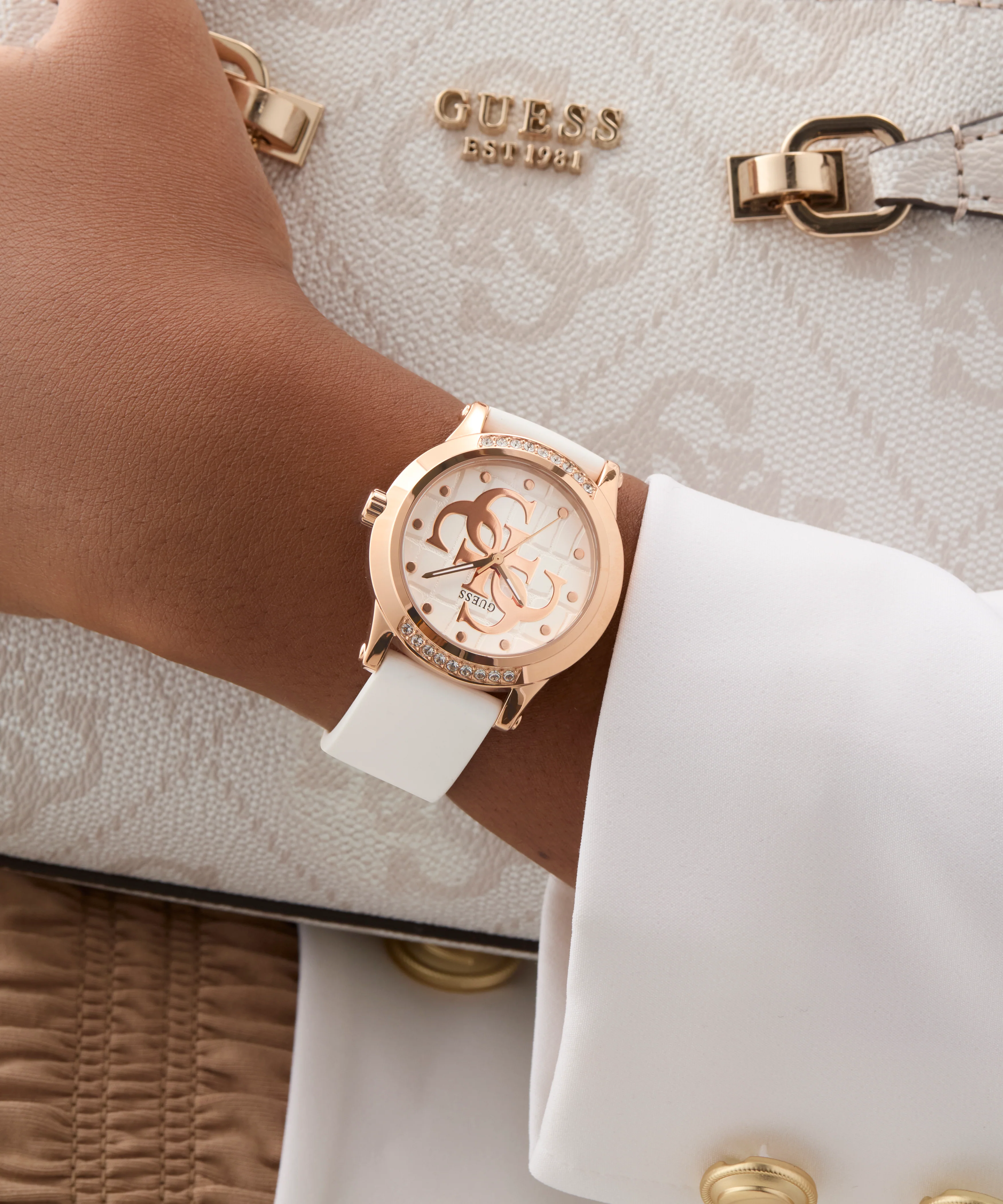 GUESS Ladies White Rose Gold Tone Analog Watch