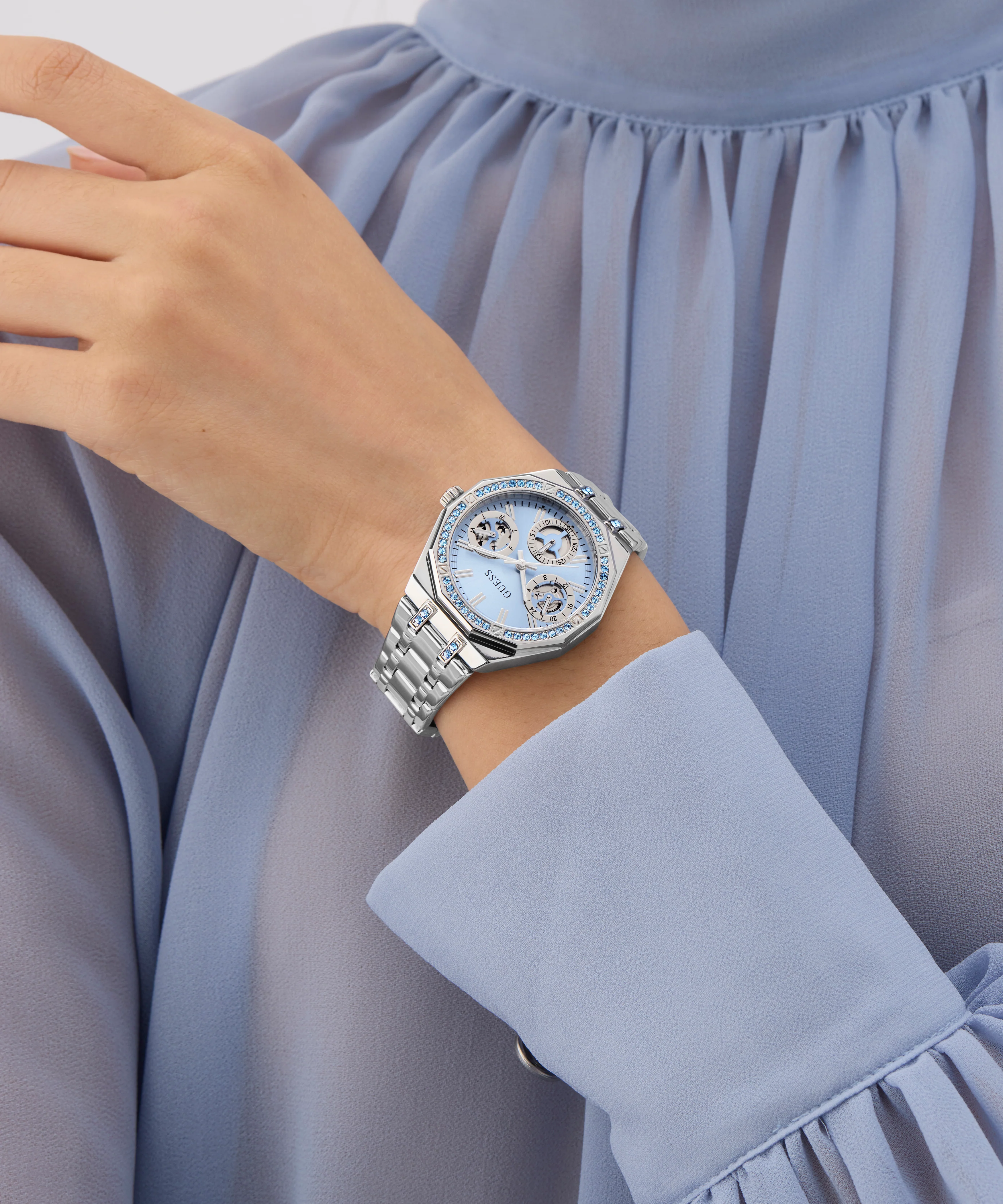 GUESS Ladies Silver Tone Multi-function Watch with Swarovski ReCreated™ crystals