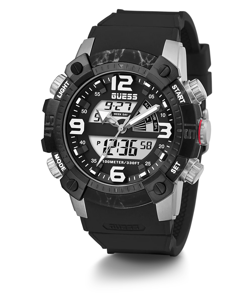 GUESS Mens Black Silver Tone Digital Watch