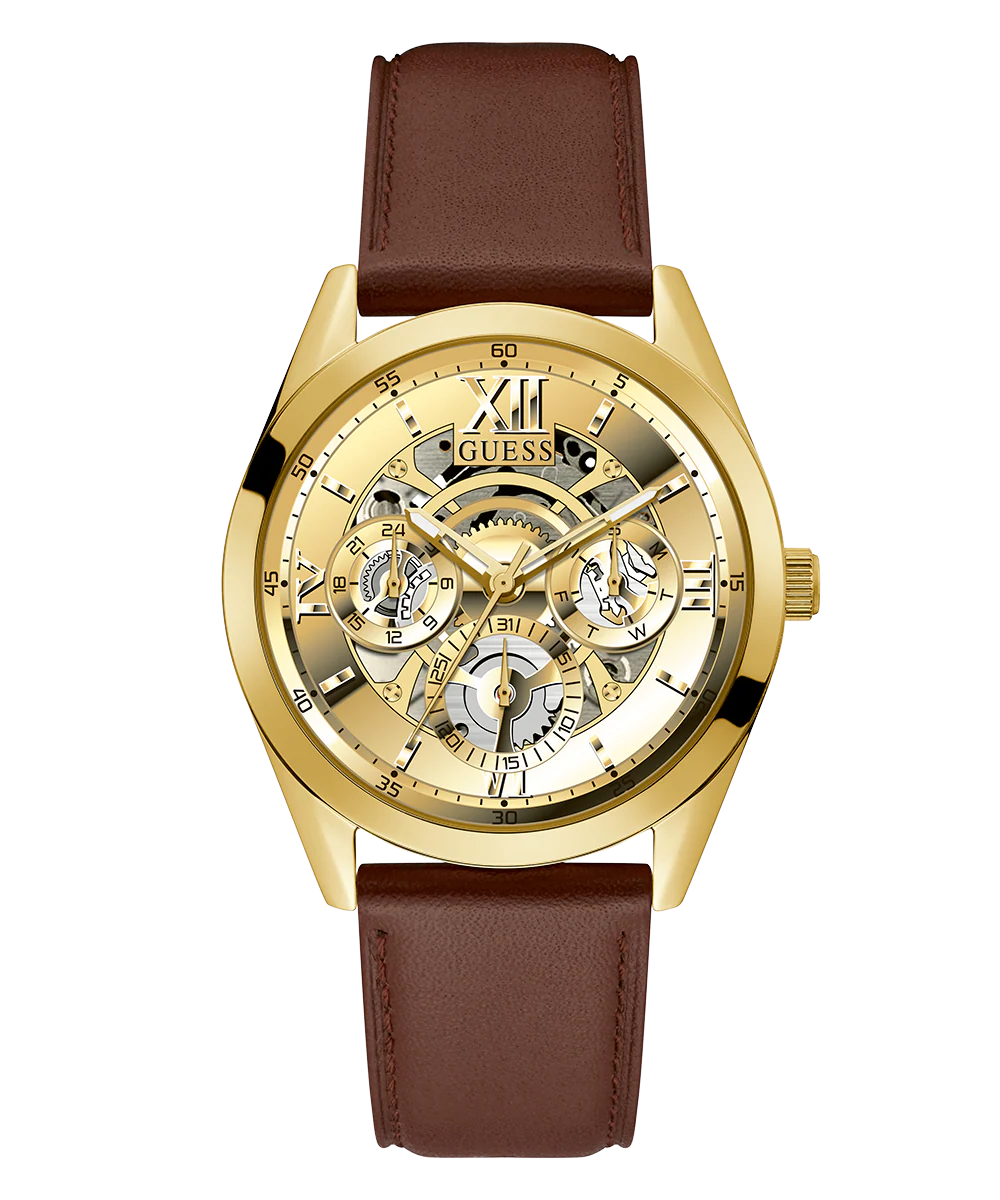 GUESS Mens Chocolate Brown Gold Tone Multi-function Watch