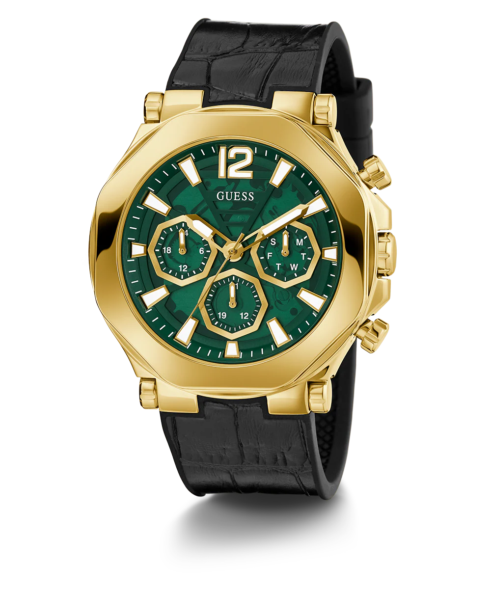 GUESS Mens Black Gold Tone Multi-function Watch