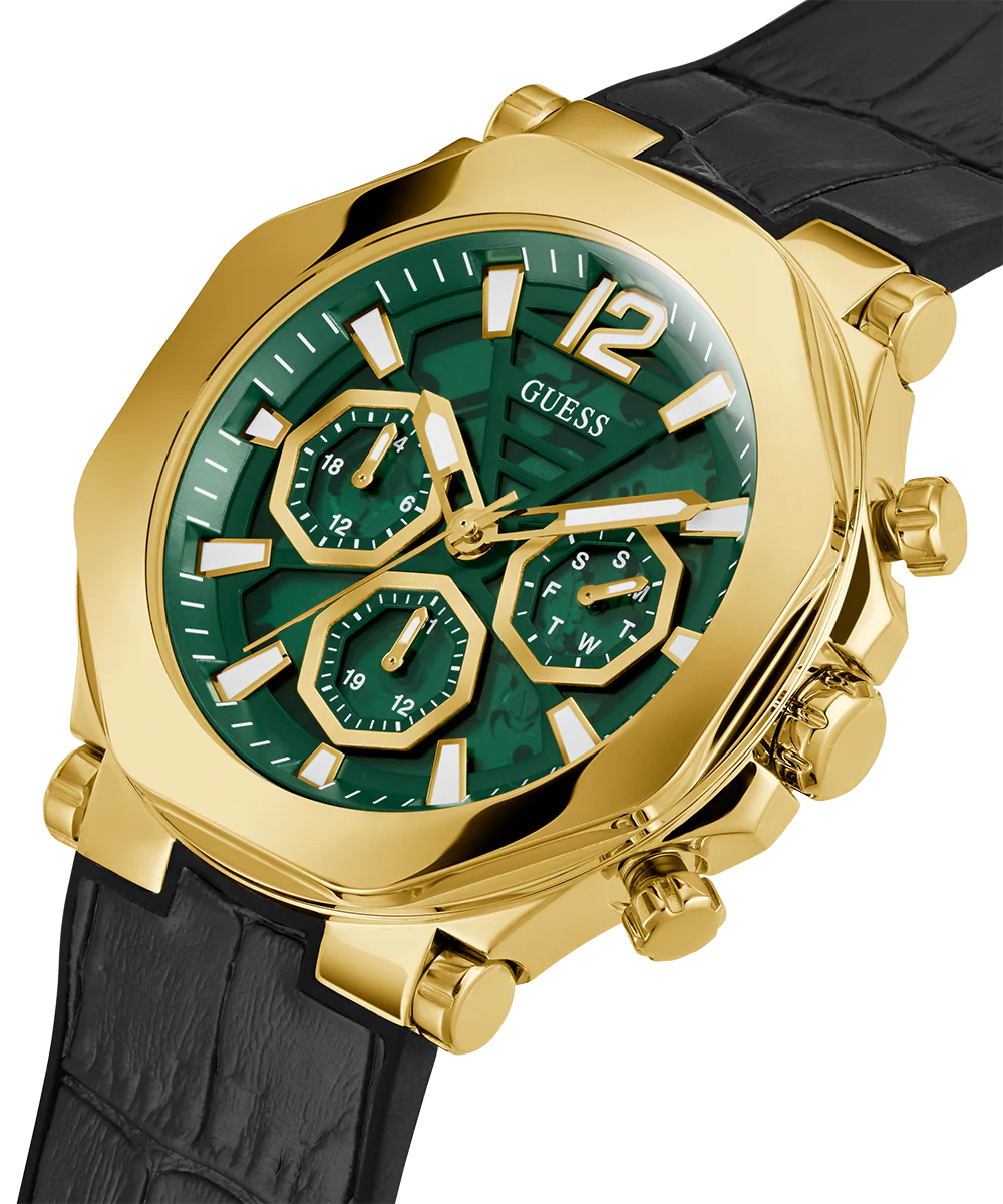 GUESS Mens Black Gold Tone Multi-function Watch