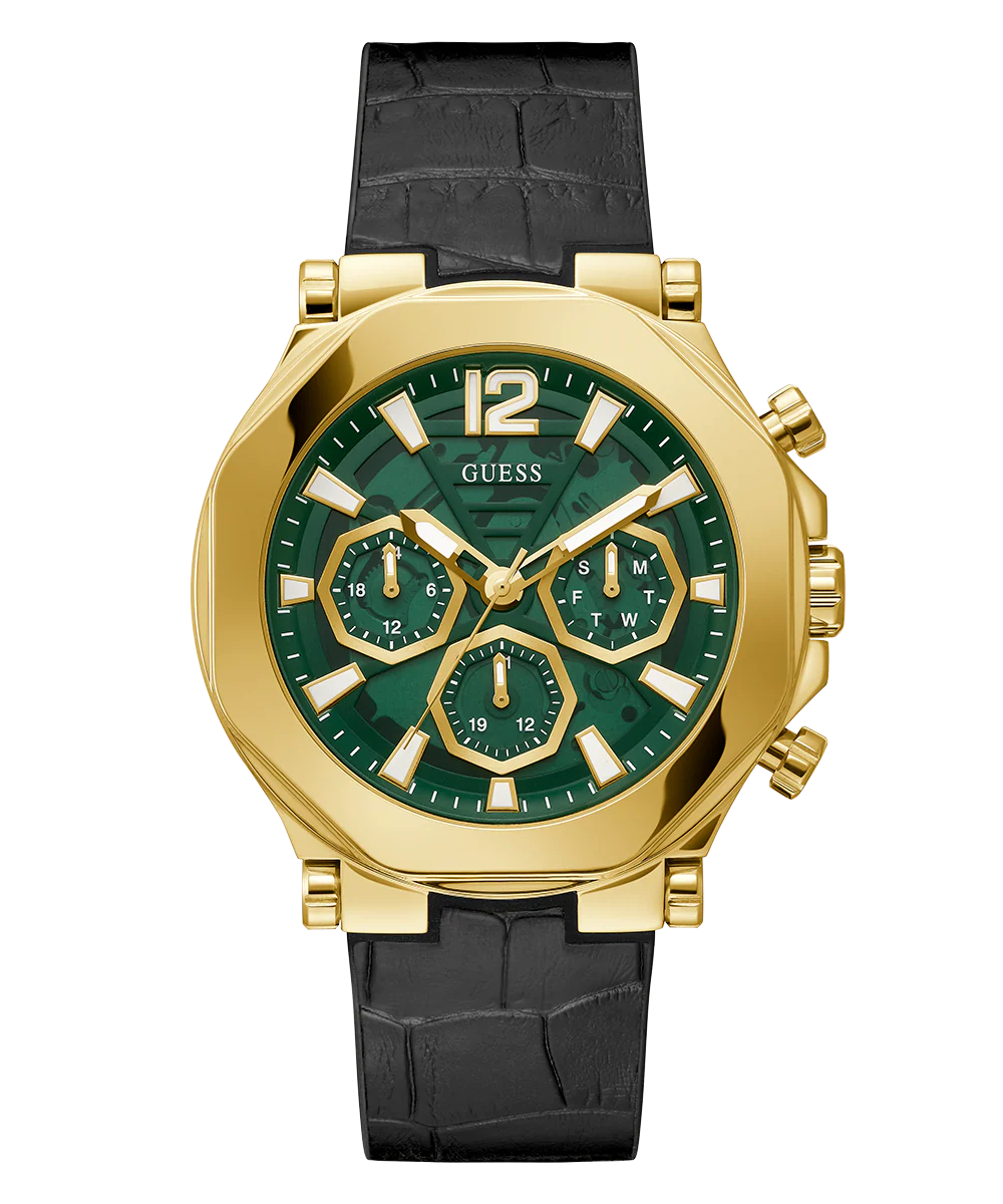 GUESS Mens Black Gold Tone Multi-function Watch
