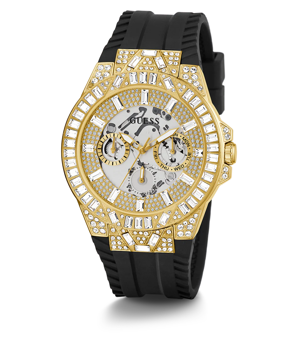 GUESS Mens Black Gold Tone Multi-function Watch