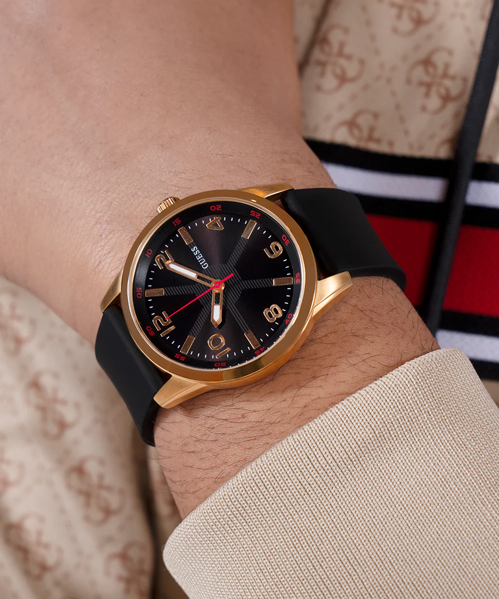 GUESS Mens Black Gold Tone Analog Watch