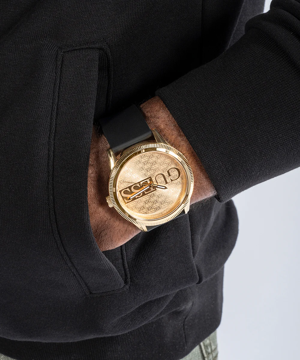 GUESS Mens Black Gold Tone Analog Watch