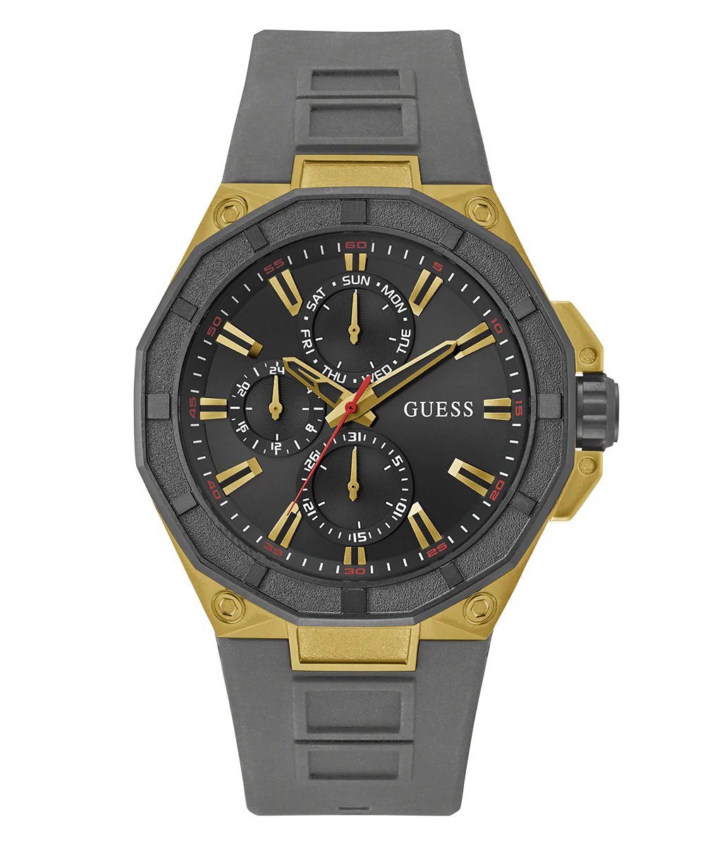 GUESS Mens Gray Gold Tone Multi-function Watch