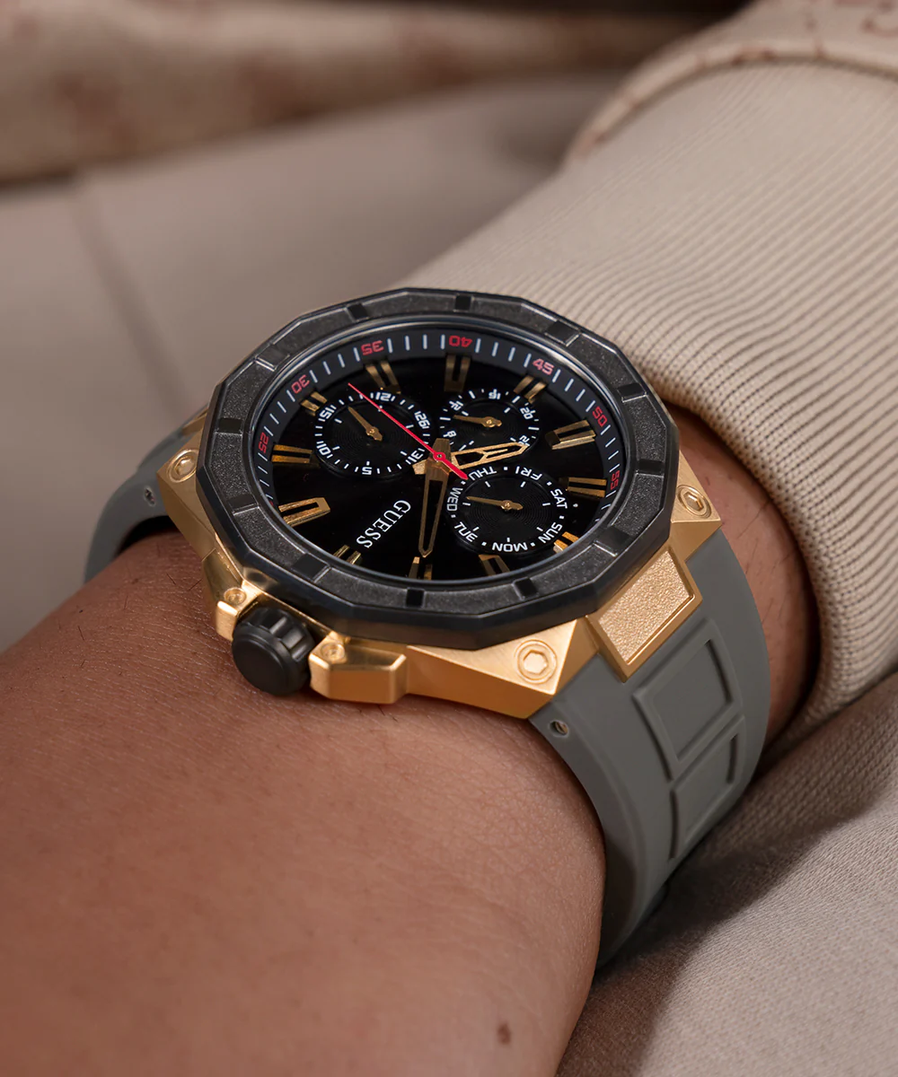 GUESS Mens Gray Gold Tone Multi-function Watch
