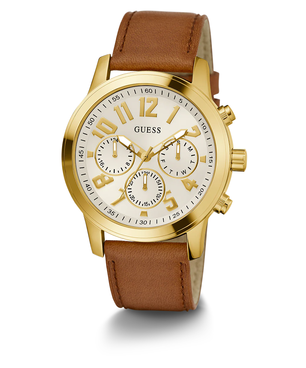 GUESS Mens Brown Gold Tone Multi-function Watch