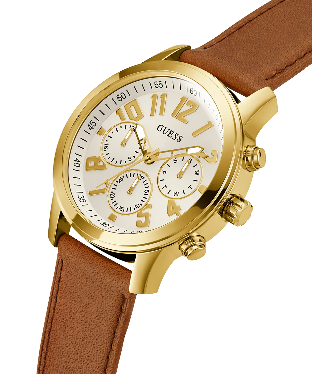 GUESS Mens Brown Gold Tone Multi-function Watch