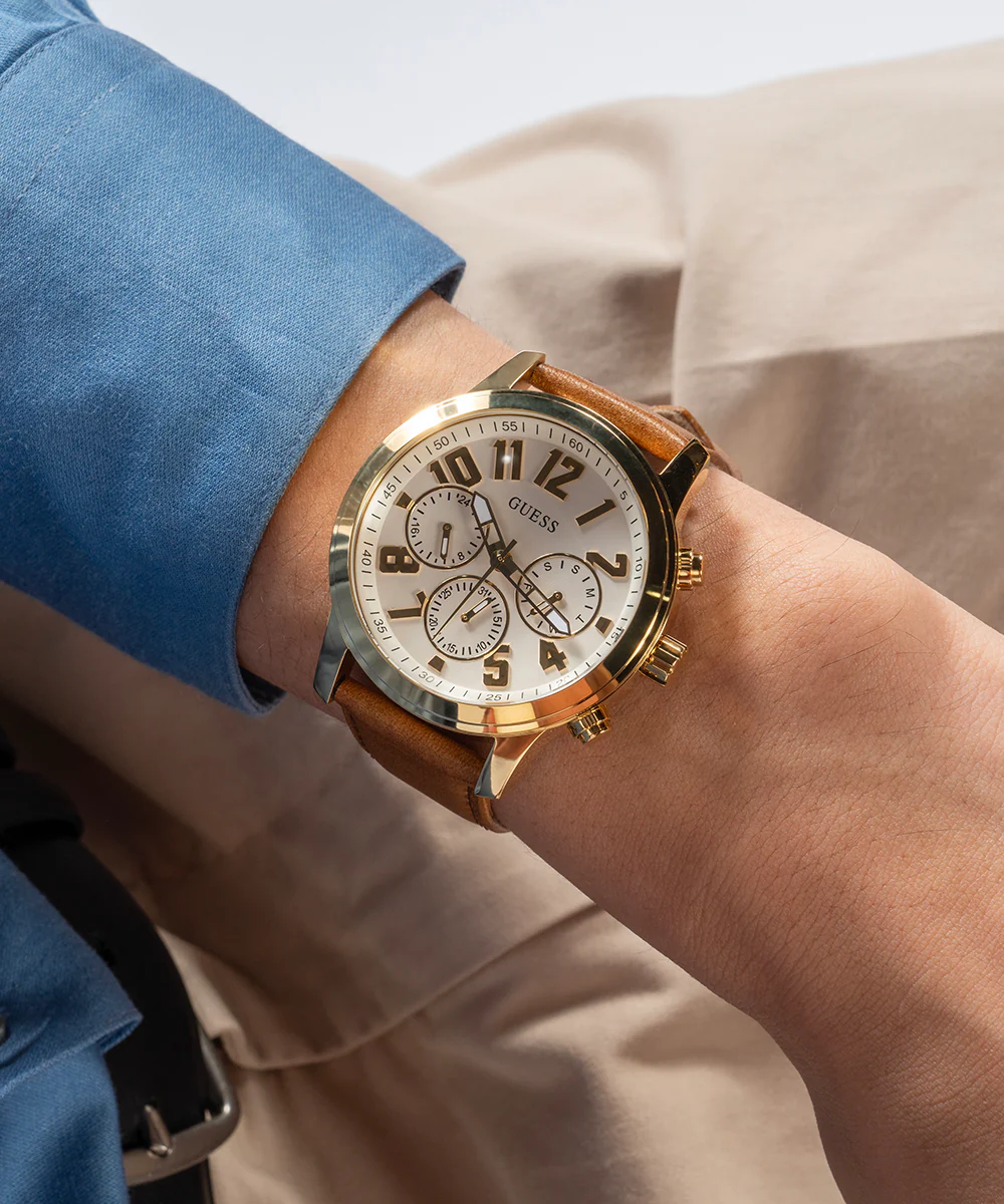 GUESS Mens Brown Gold Tone Multi-function Watch