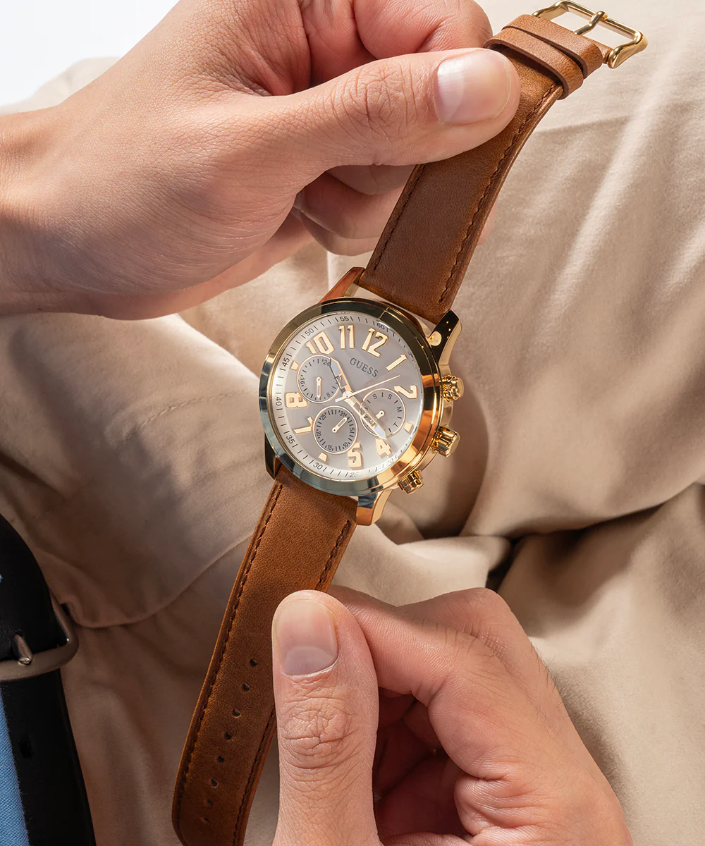 GUESS Mens Brown Gold Tone Multi-function Watch