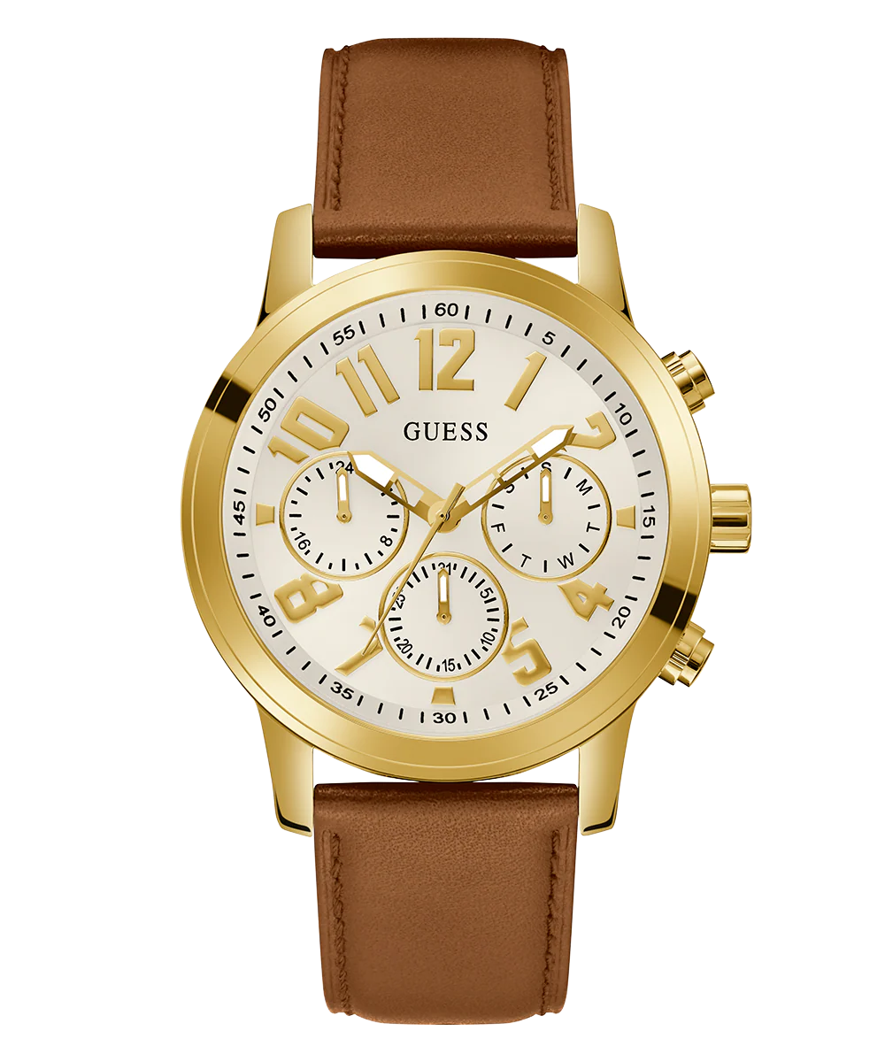 GUESS Mens Brown Gold Tone Multi-function Watch