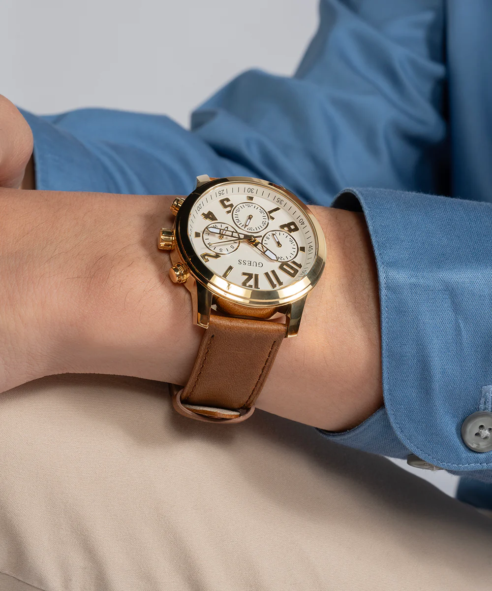 GUESS Mens Brown Gold Tone Multi-function Watch