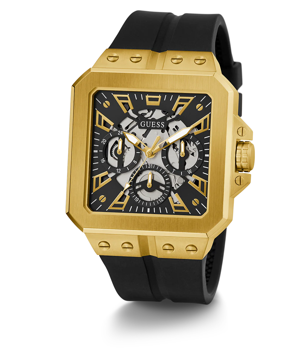 GUESS Mens Black Gold Tone Multi-function Watch