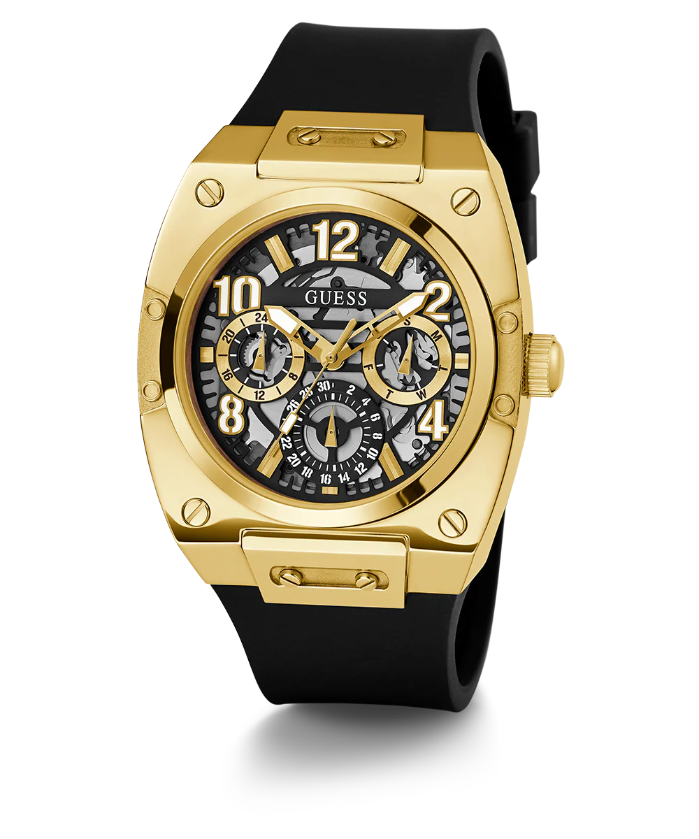 GUESS Mens Black Gold Tone Multi-function Watch