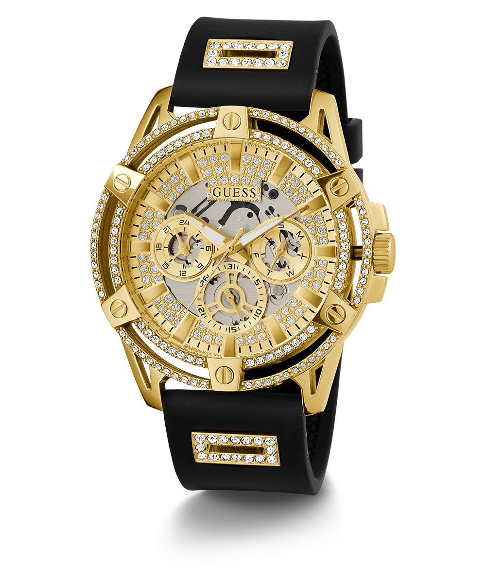 GUESS Mens Black Gold Tone Multi-function Watch