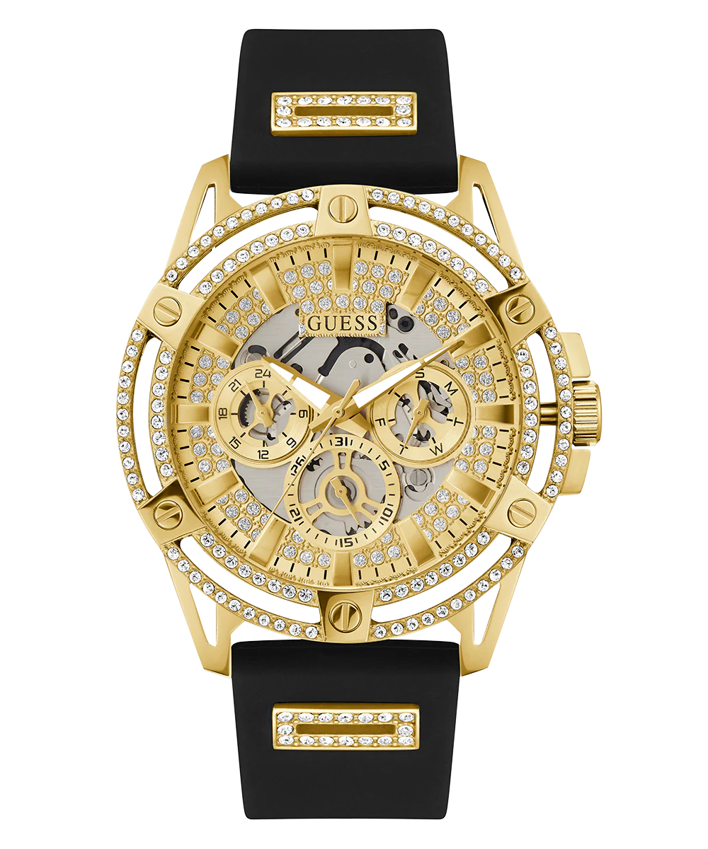 GUESS Mens Black Gold Tone Multi-function Watch