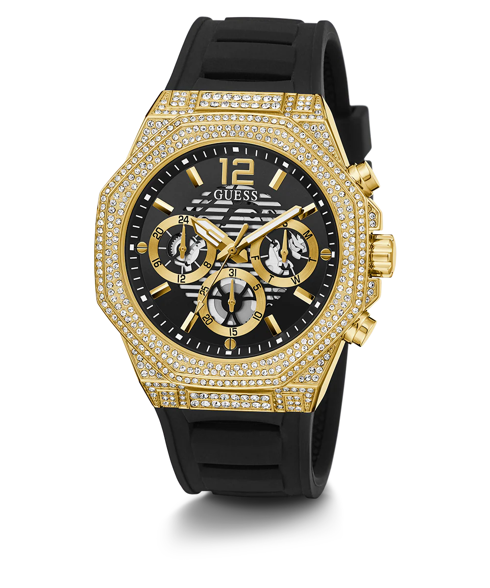 GUESS Mens Black Gold Tone Multi-function Watch