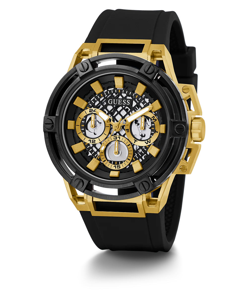 GUESS Mens Black Gold Tone Multi-function Watch