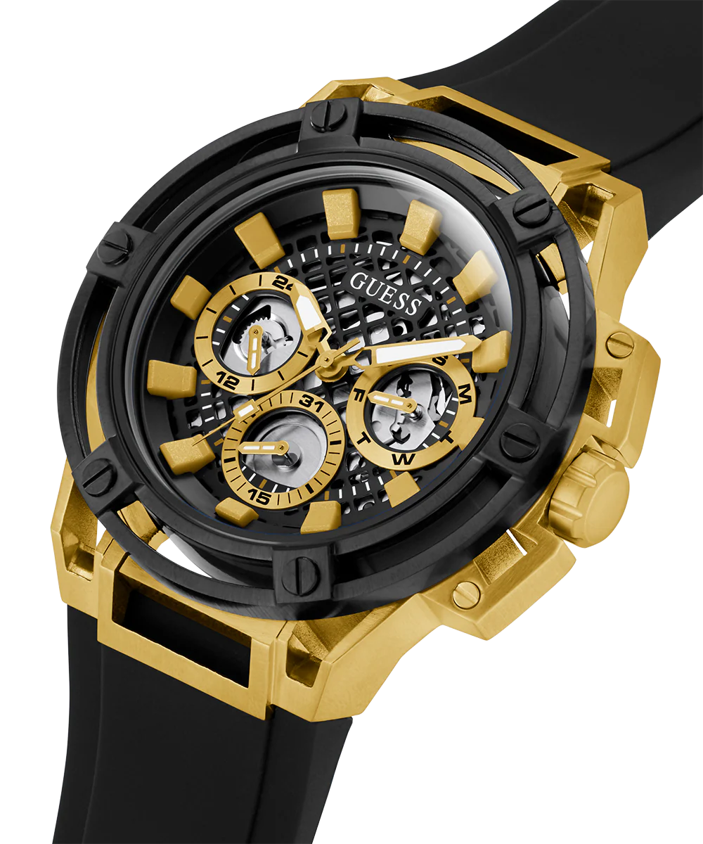 GUESS Mens Black Gold Tone Multi-function Watch