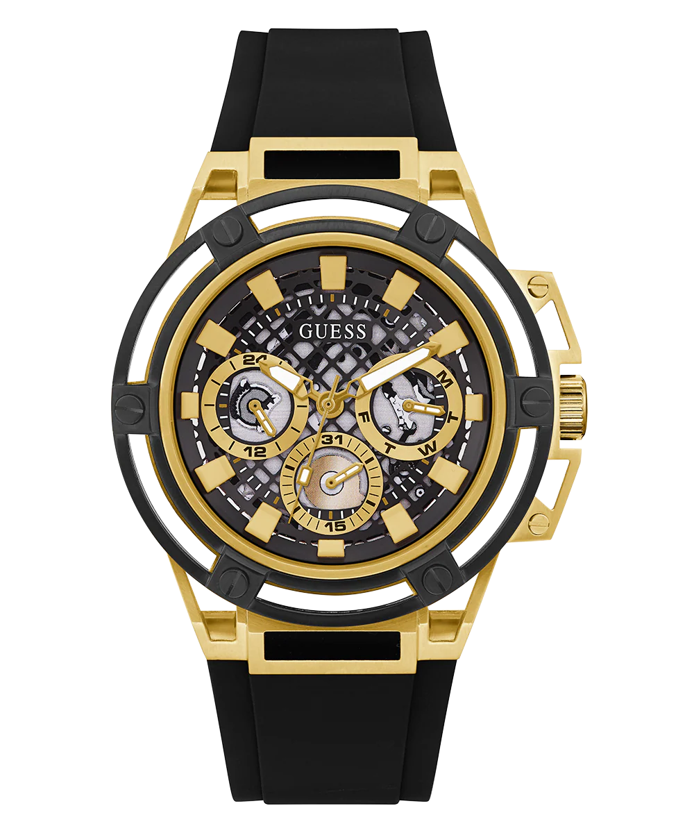 GUESS Mens Black Gold Tone Multi-function Watch