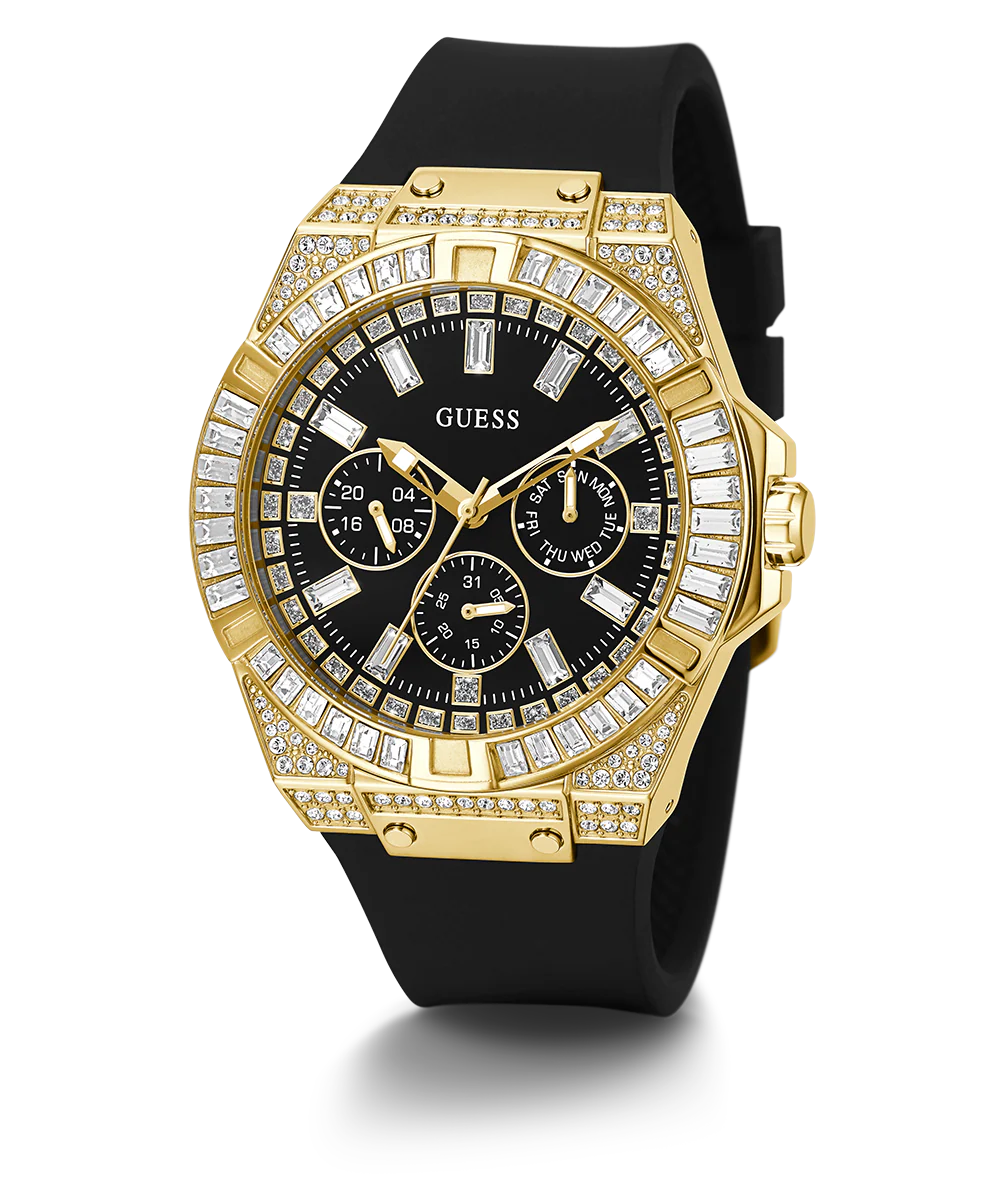 GUESS Mens Black Gold Tone Multi-function Watch