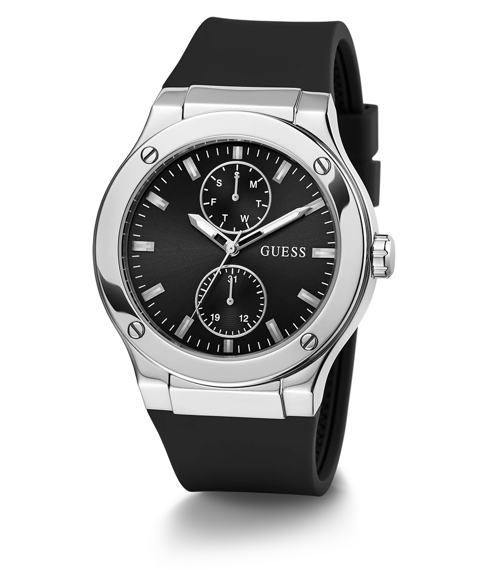 GUESS Mens Black Silver Tone Multi-function Watch