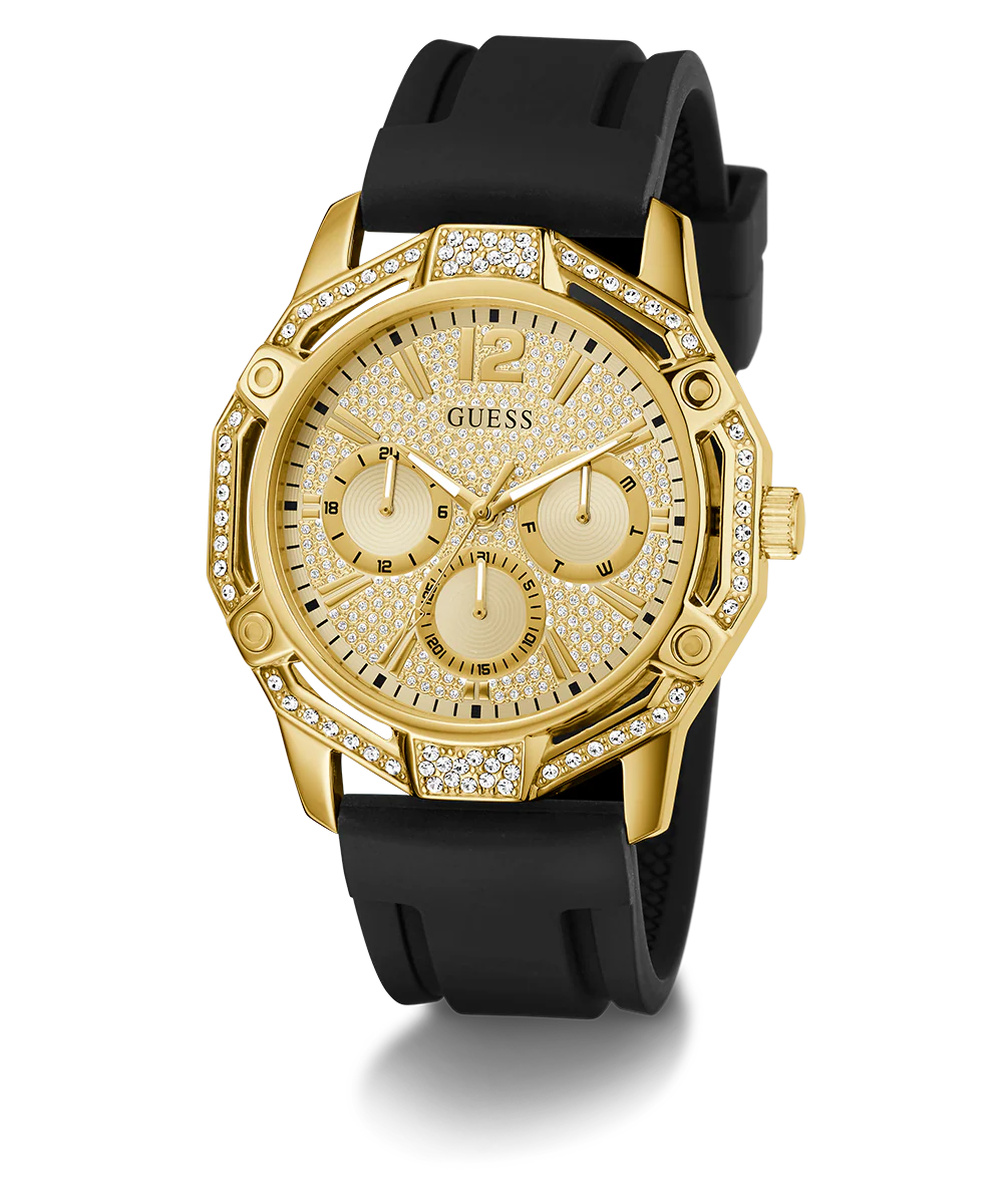 GUESS Mens Black Gold Tone Multi-function Watch