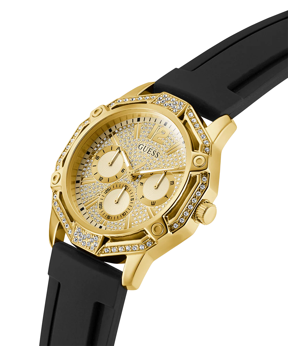 GUESS Mens Black Gold Tone Multi-function Watch