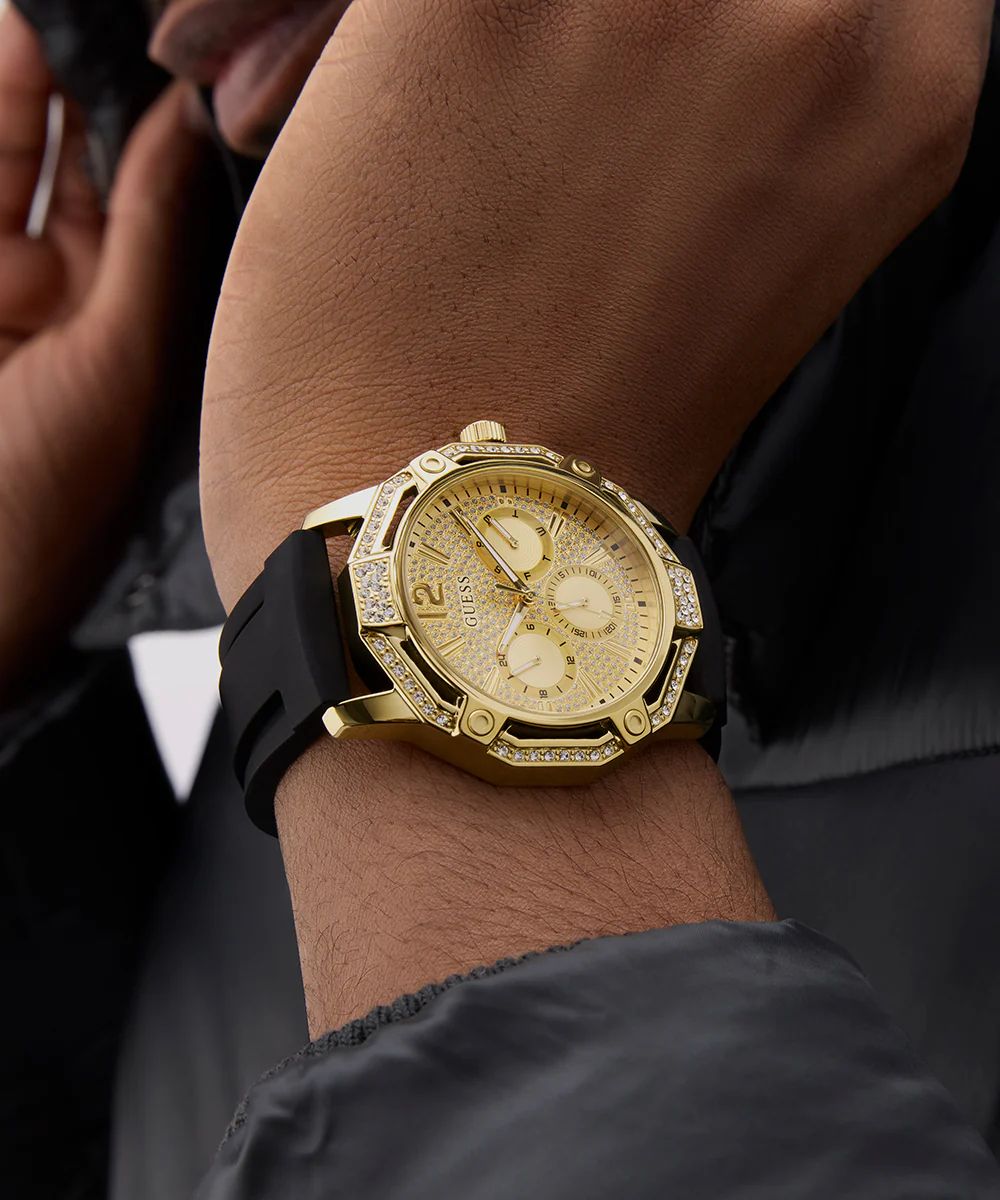 GUESS Mens Black Gold Tone Multi-function Watch