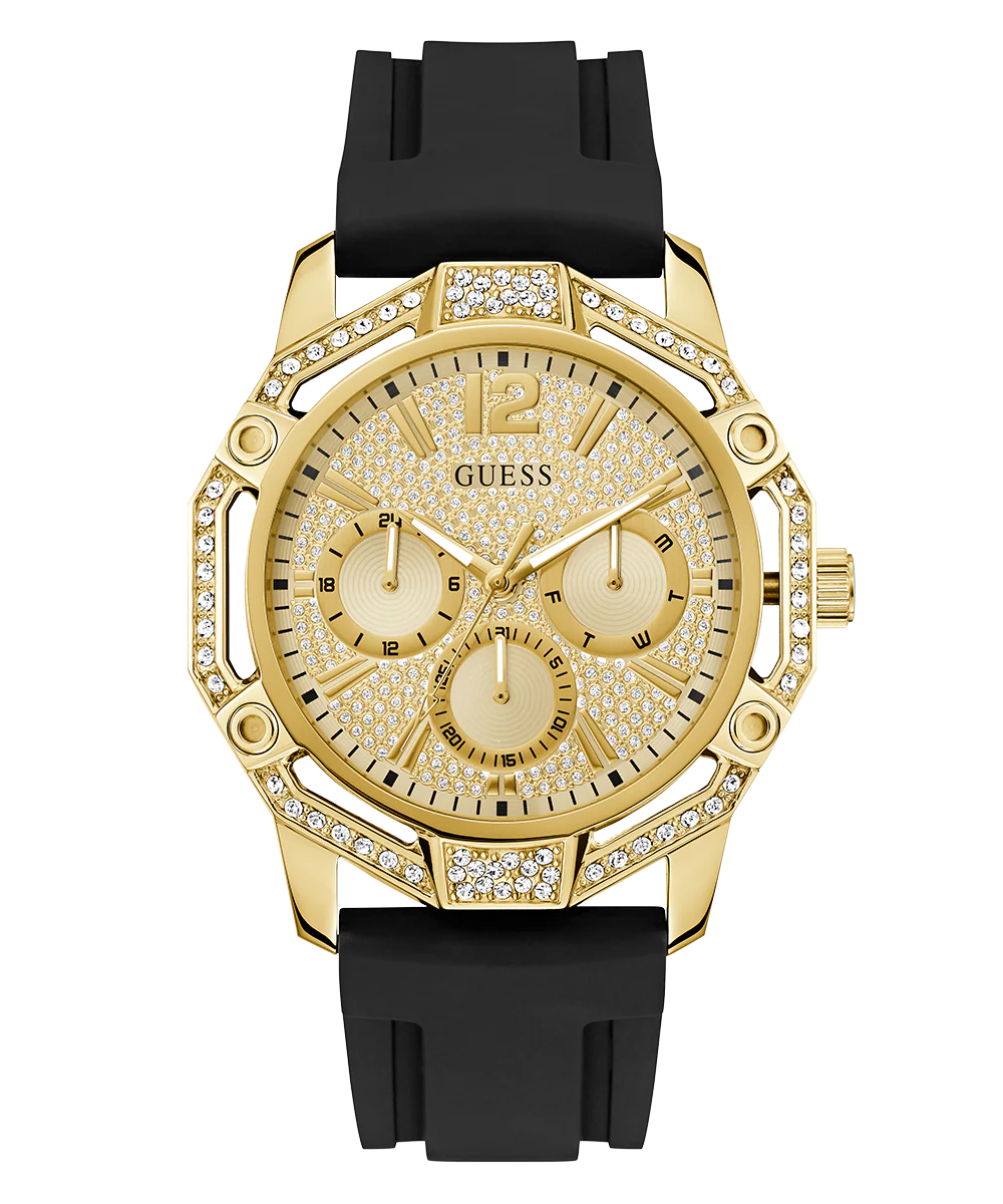 GUESS Mens Black Gold Tone Multi-function Watch